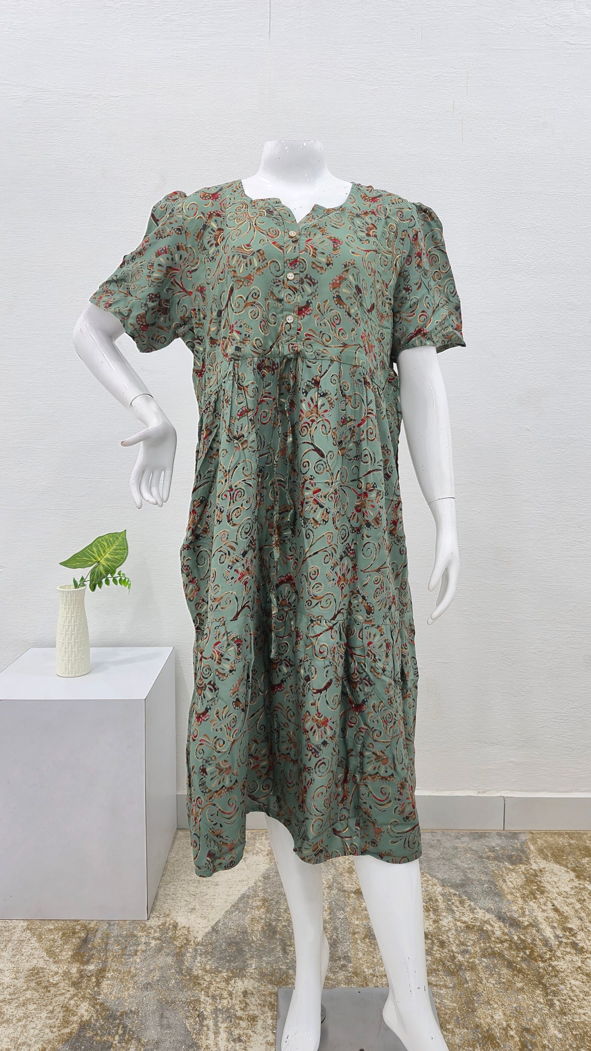 Rayon Colourful Foil Printing Gathering Frock Model Nighties | Side Pocket and Gathering Front Rope | Fancy Sleeve & Maxi Frock Nightwear for Stylish Women's (FGF)