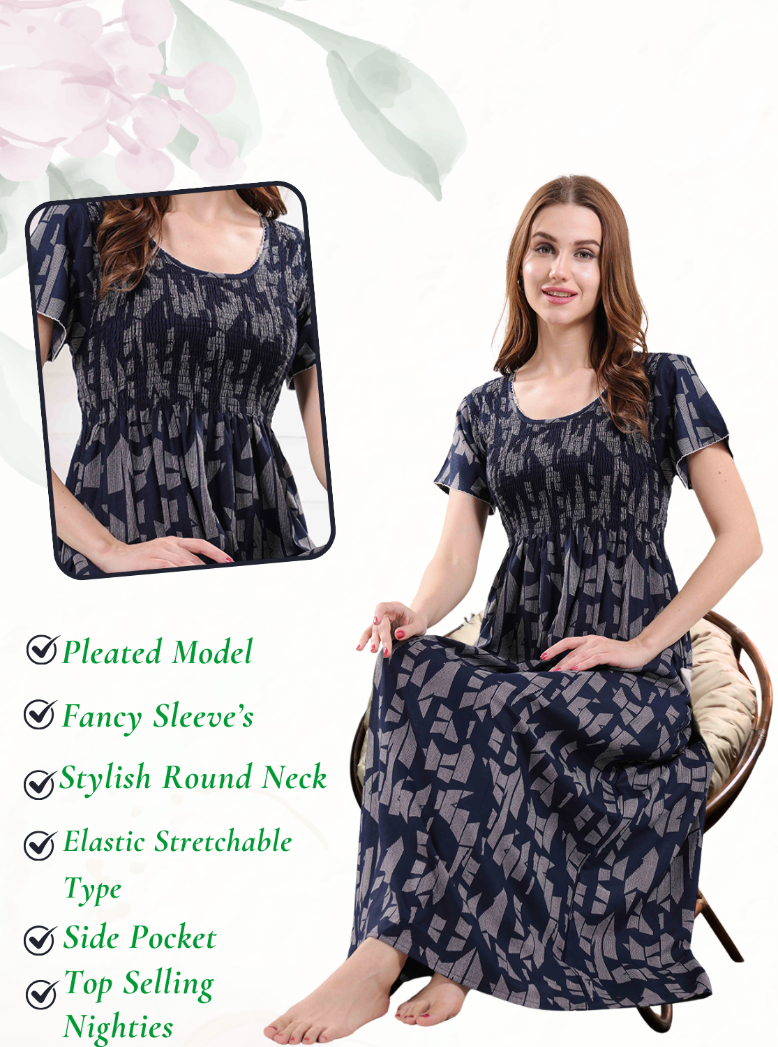 New Arrivals ALPINE Smocking Nighty | Beautiful Pleated Design | Side Pocket | Stylish Nighty for Trendy Women's | Your Perfect Nightwear Collection's (ALS)