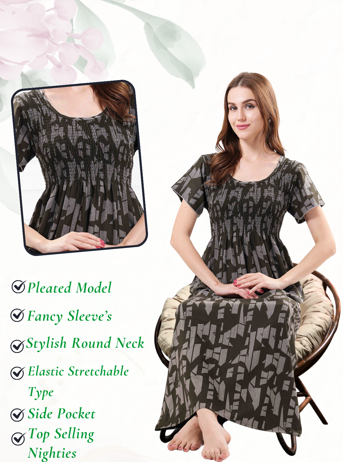New Arrivals ALPINE Smocking Nighty | Beautiful Pleated Design | Side Pocket | Stylish Nighty for Trendy Women's | Your Perfect Nightwear Collection's (ALS)