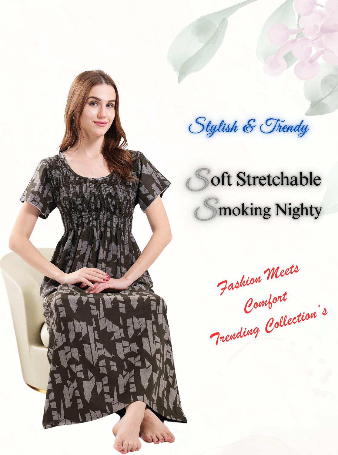 New Arrivals ALPINE Smocking Nighty | Beautiful Pleated Design | Side Pocket | Stylish Nighty for Trendy Women's | Your Perfect Nightwear Collection's (ALS)