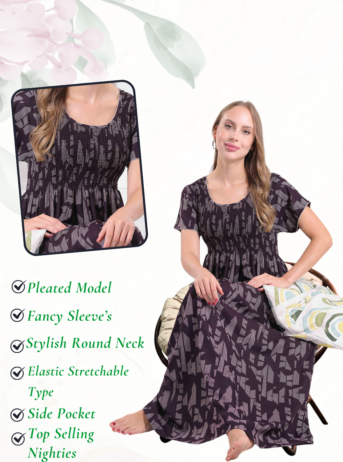 New Arrivals ALPINE Smocking Nighty | Beautiful Pleated Design | Side Pocket | Stylish Nighty for Trendy Women's | Your Perfect Nightwear Collection's (ALS)