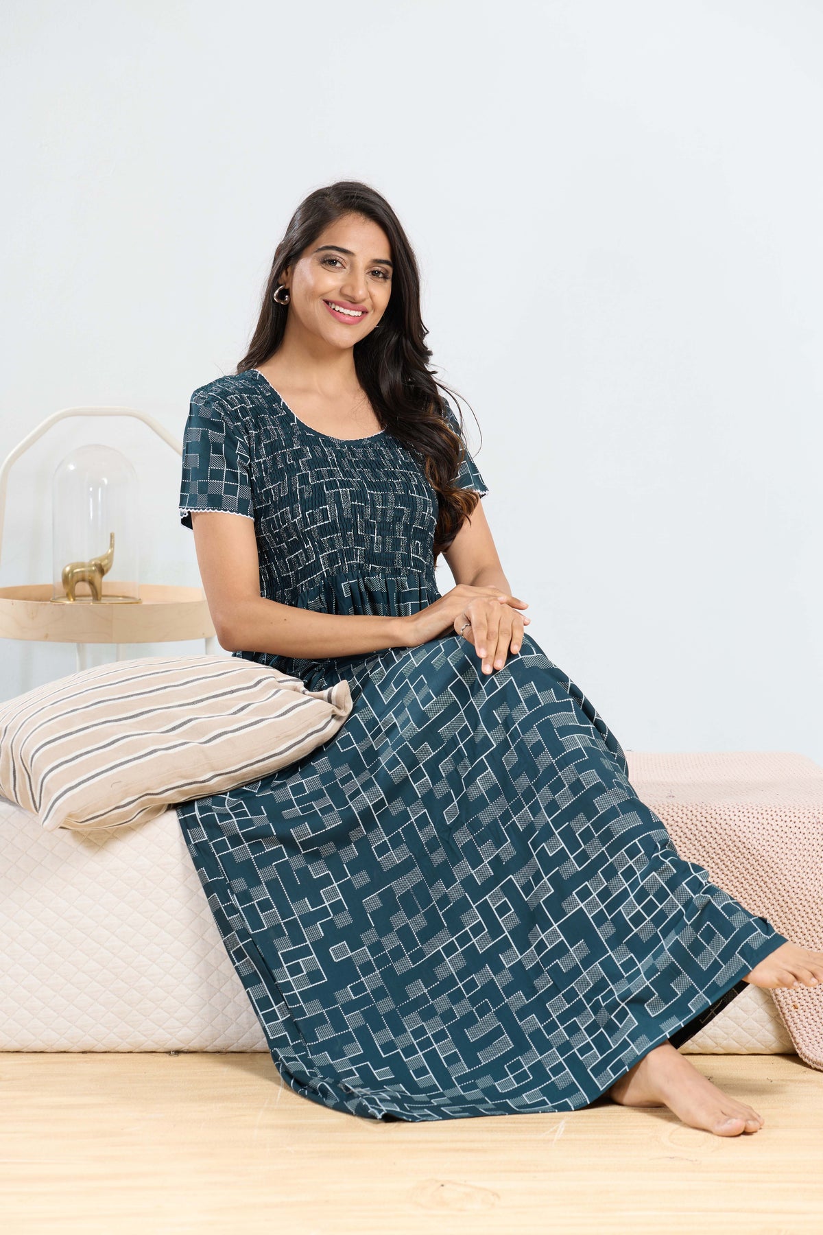 MANGAI RAYON Smocking Nighty | Beautiful Pleated Design | Side Pocket | Stylish Nighty for Trendy Women's | Your Perfect Nightwear Collection's (SRN)