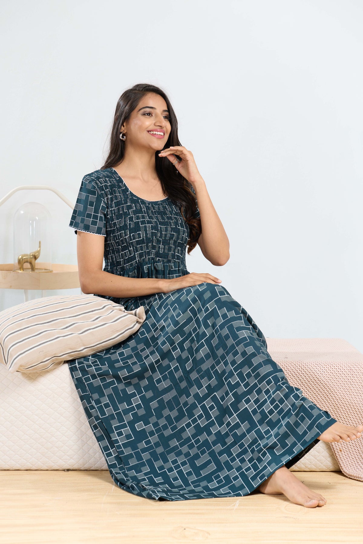 MANGAI RAYON Smocking Nighty | Beautiful Pleated Design | Side Pocket | Stylish Nighty for Trendy Women's | Your Perfect Nightwear Collection's (SRN)