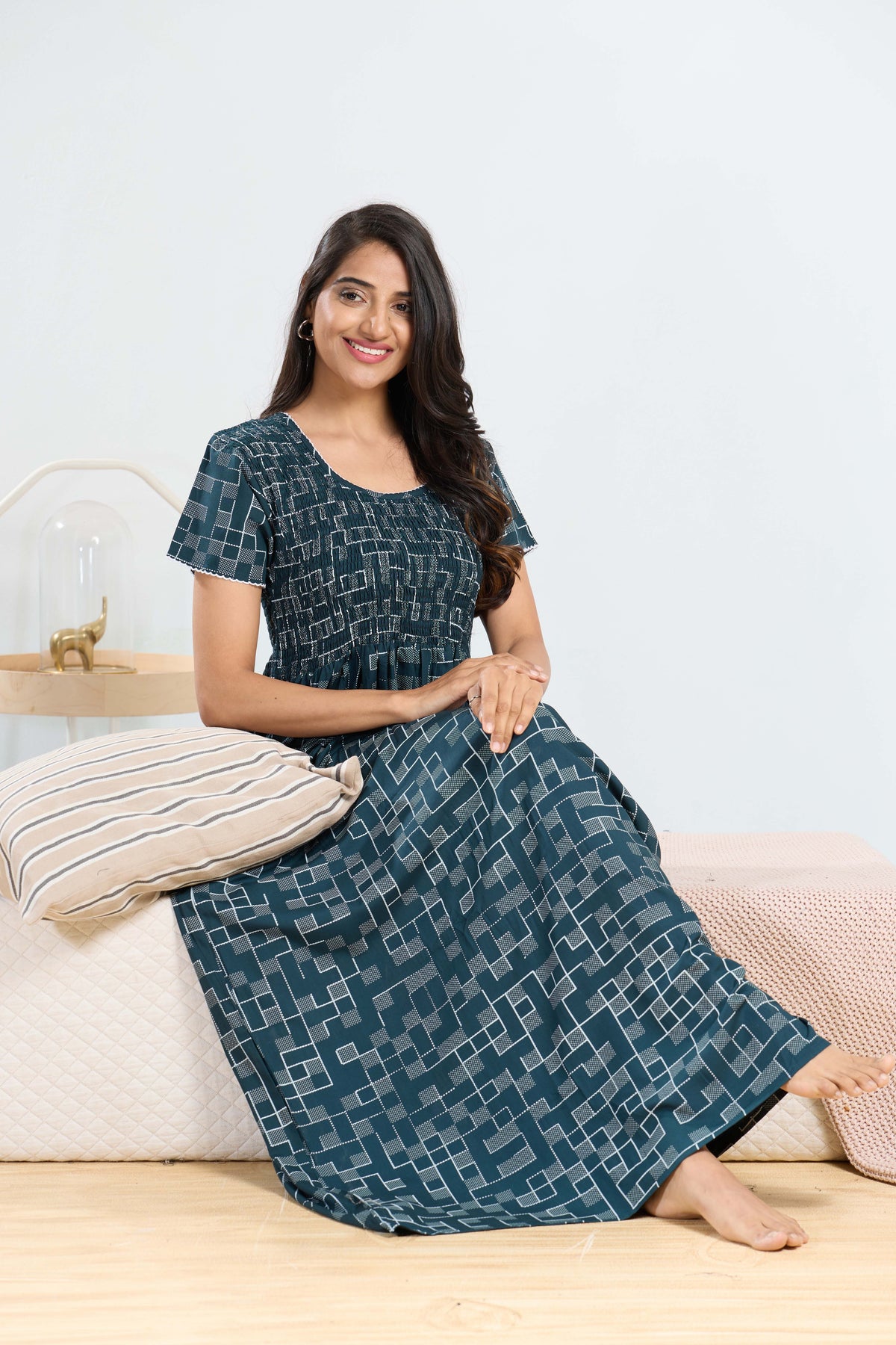 MANGAI RAYON Smocking Nighty | Beautiful Pleated Design | Side Pocket | Stylish Nighty for Trendy Women's | Your Perfect Nightwear Collection's (SRN)