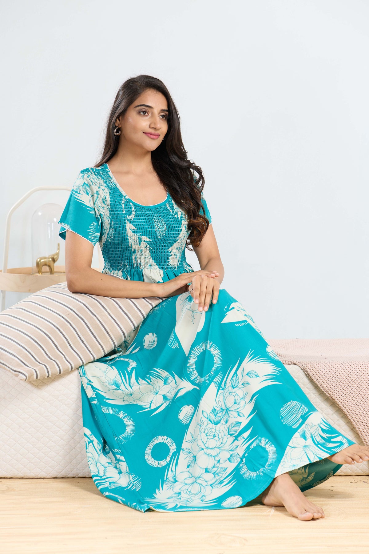 MANGAI RAYON Smocking Nighty | Beautiful Pleated Design | Side Pocket | Stylish Nighty for Trendy Women's | Your Perfect Nightwear Collection's (SRN)