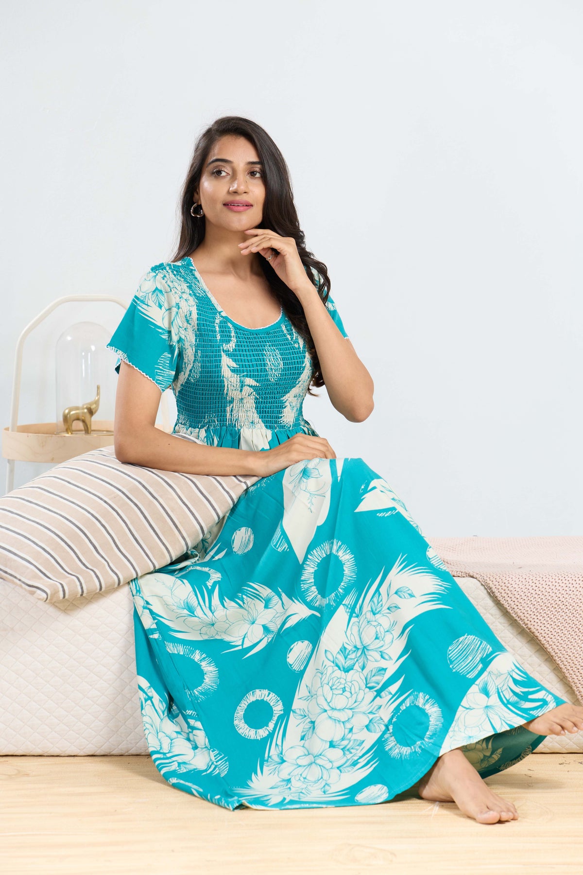 MANGAI RAYON Smocking Nighty | Beautiful Pleated Design | Side Pocket | Stylish Nighty for Trendy Women's | Your Perfect Nightwear Collection's (SRN)