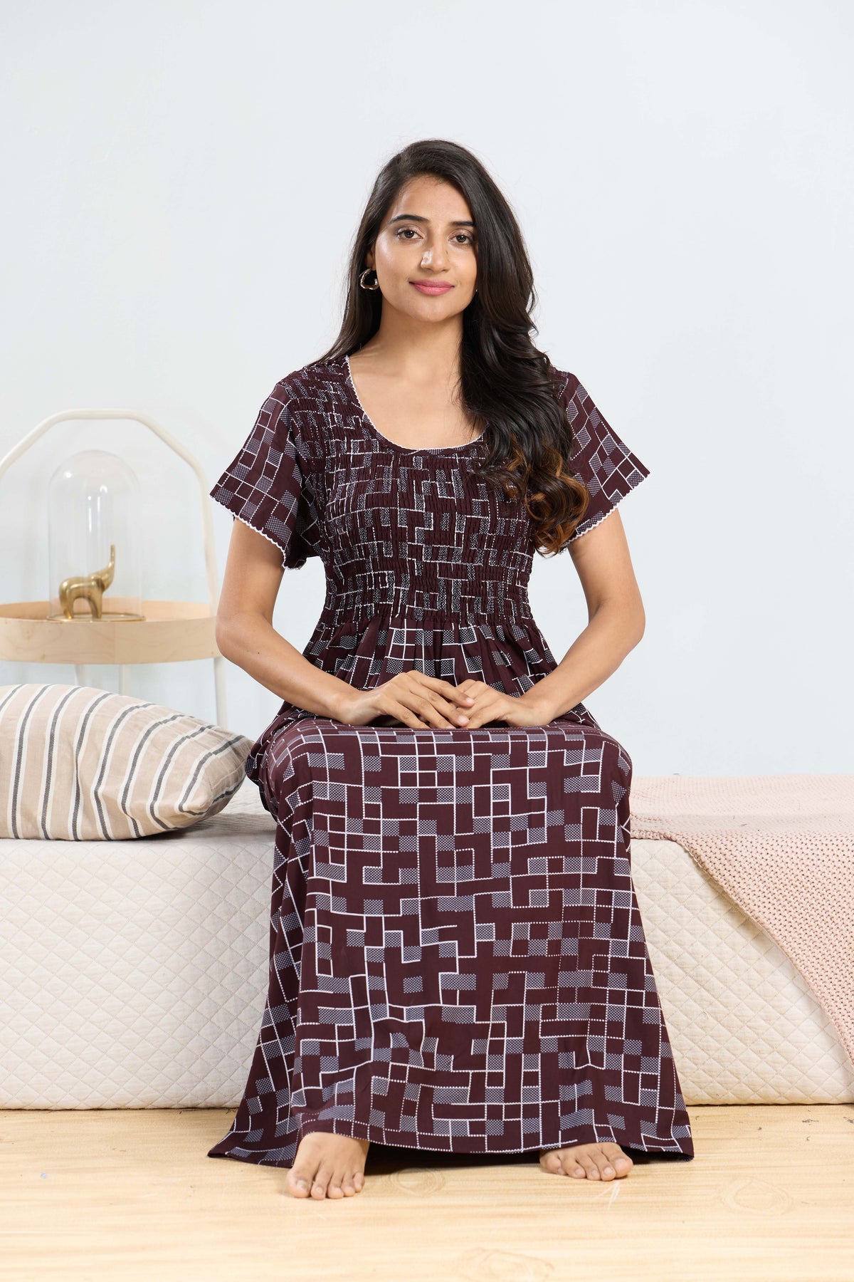 MANGAI RAYON Smocking Nighty | Beautiful Pleated Design | Side Pocket | Stylish Nighty for Trendy Women's | Your Perfect Nightwear Collection's (SRN)