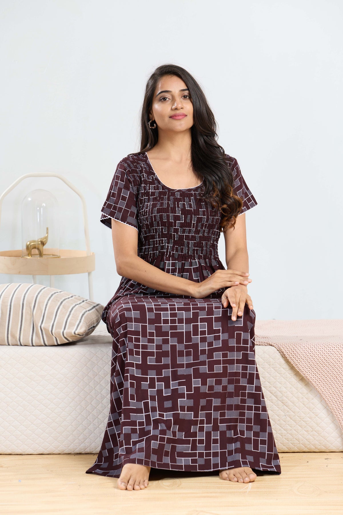 MANGAI RAYON Smocking Nighty | Beautiful Pleated Design | Side Pocket | Stylish Nighty for Trendy Women's | Your Perfect Nightwear Collection's (SRN)