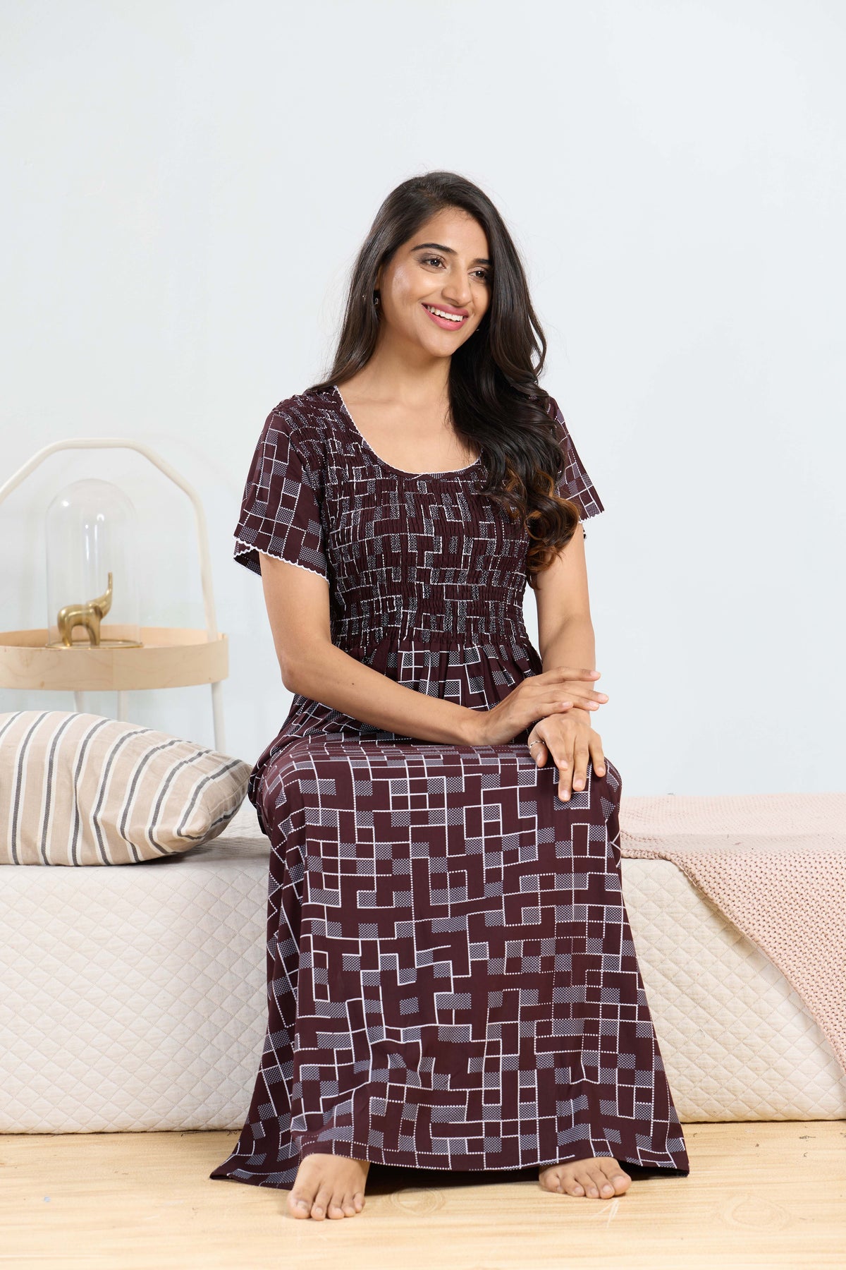 MANGAI RAYON Smocking Nighty | Beautiful Pleated Design | Side Pocket | Stylish Nighty for Trendy Women's | Your Perfect Nightwear Collection's (SRN)