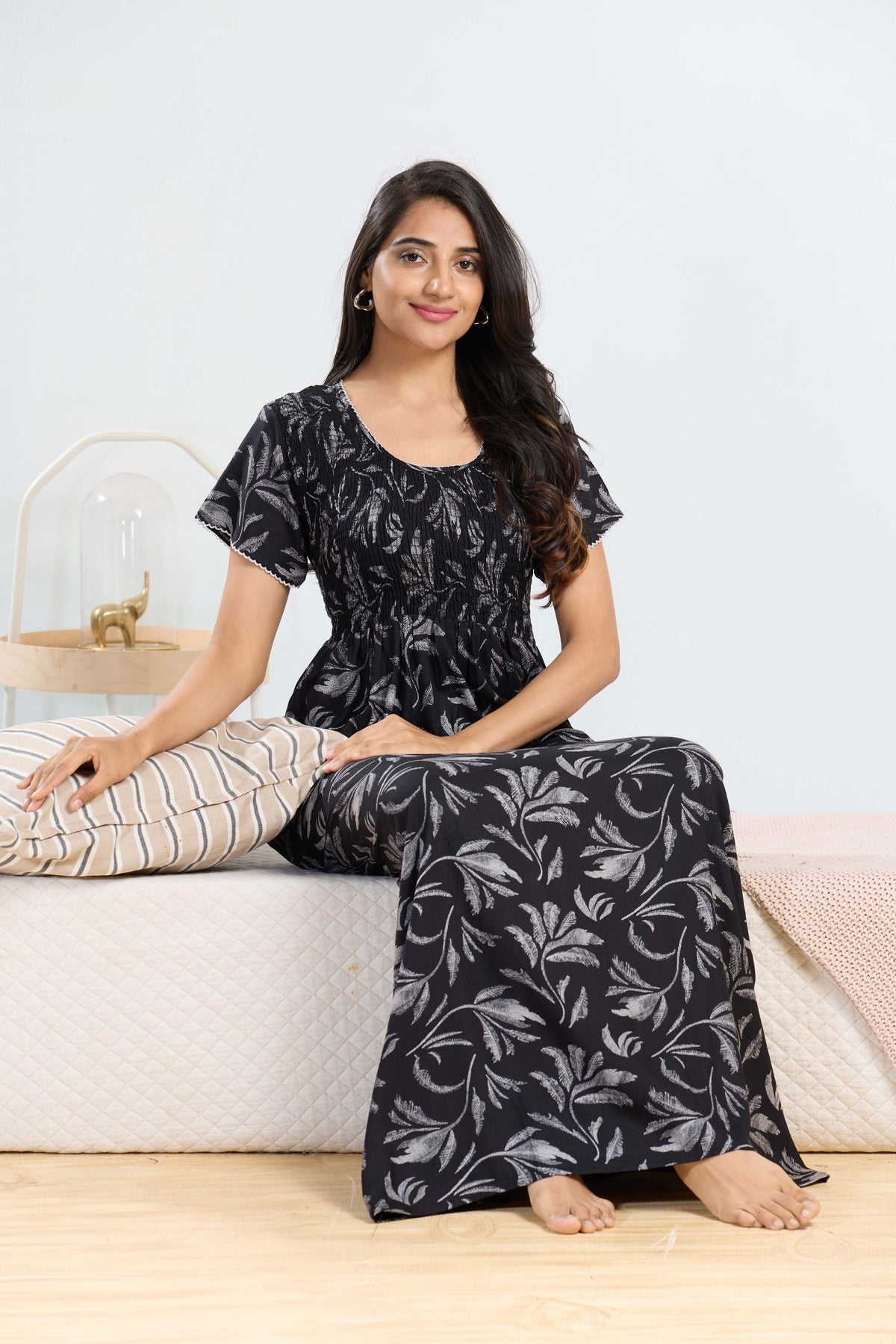 MANGAI RAYON Smocking Nighty | Beautiful Pleated Design | Side Pocket | Stylish Nighty for Trendy Women's | Your Perfect Nightwear Collection's (SRN)