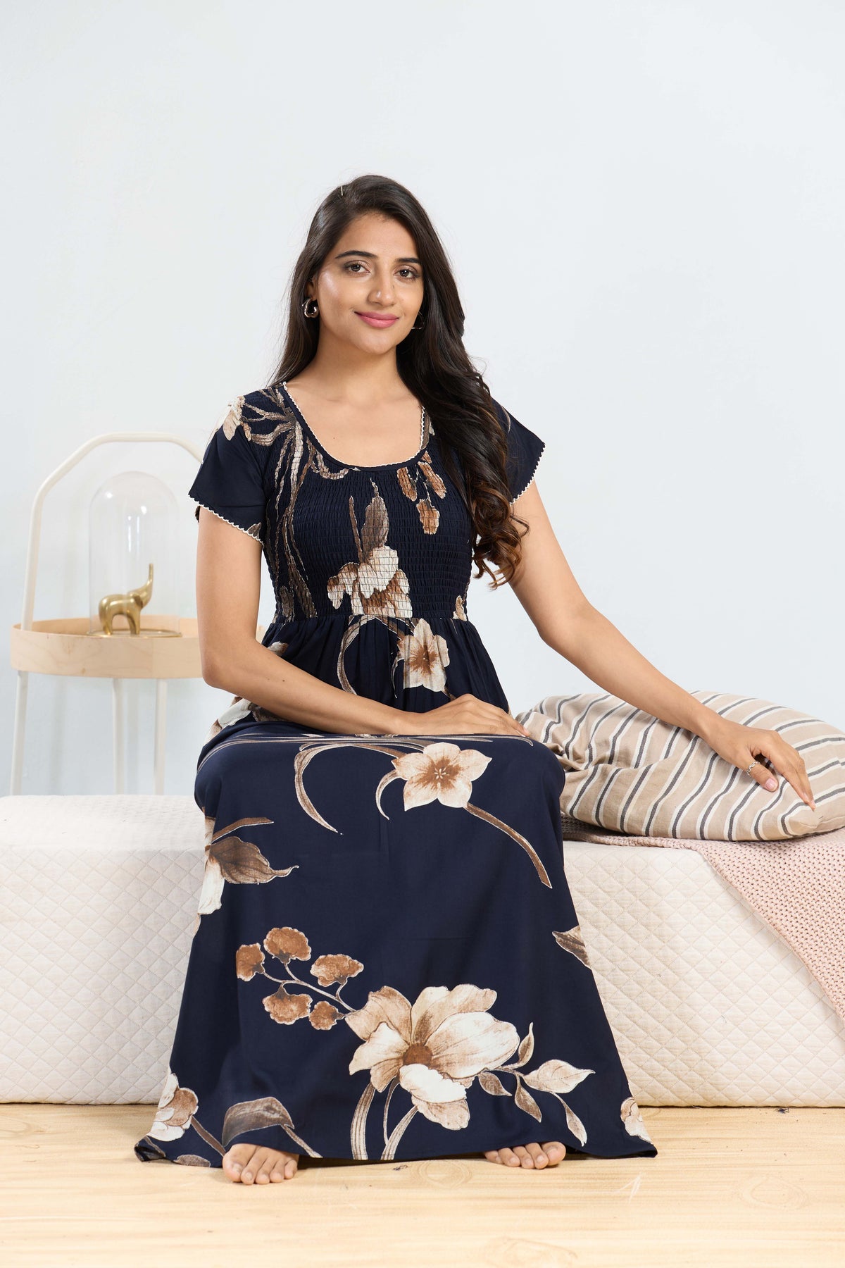 MANGAI RAYON Smocking Nighty | Beautiful Pleated Design | Side Pocket | Stylish Nighty for Trendy Women's | Your Perfect Nightwear Collection's (SRN)