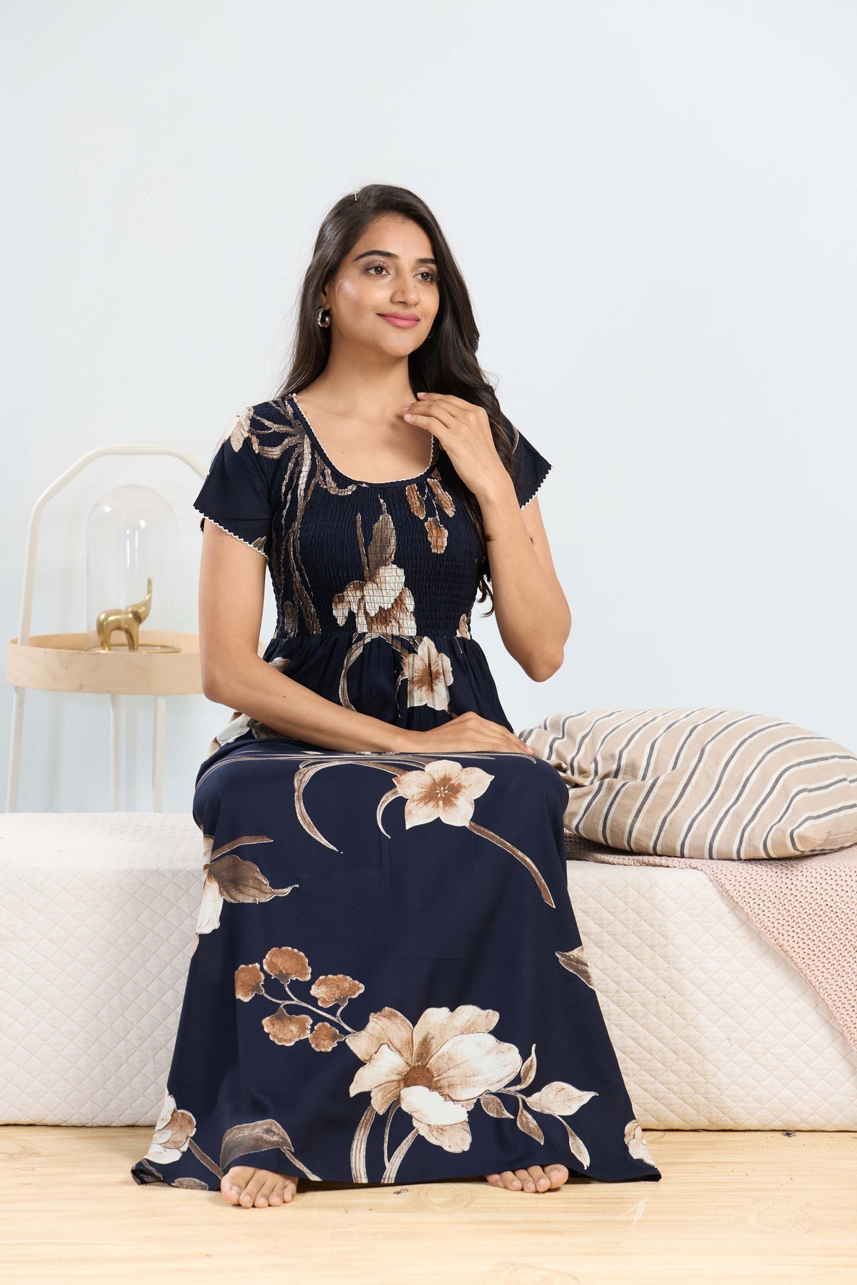 MANGAI RAYON Smocking Nighty | Beautiful Pleated Design | Side Pocket | Stylish Nighty for Trendy Women's | Your Perfect Nightwear Collection's (SRN)
