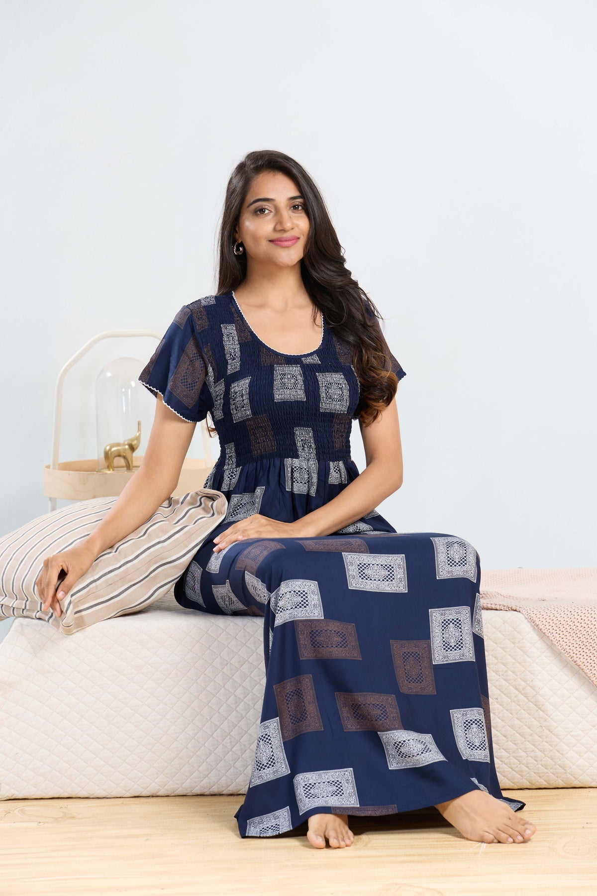 MANGAI RAYON Smocking Nighty | Beautiful Pleated Design | Side Pocket | Stylish Nighty for Trendy Women's | Your Perfect Nightwear Collection's (SRN)