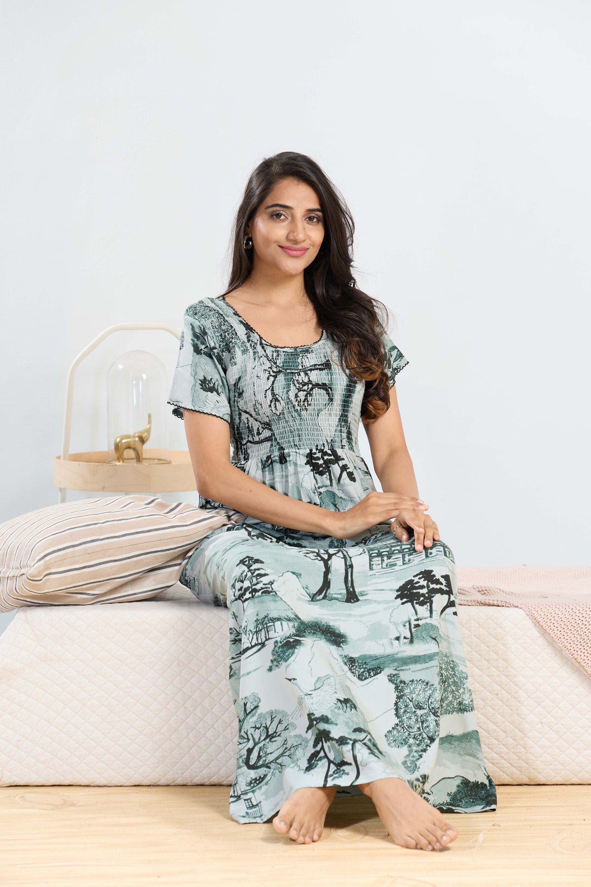 MANGAI RAYON Smocking Nighty | Beautiful Pleated Design | Side Pocket | Stylish Nighty for Trendy Women's | Your Perfect Nightwear Collection's (SRN)