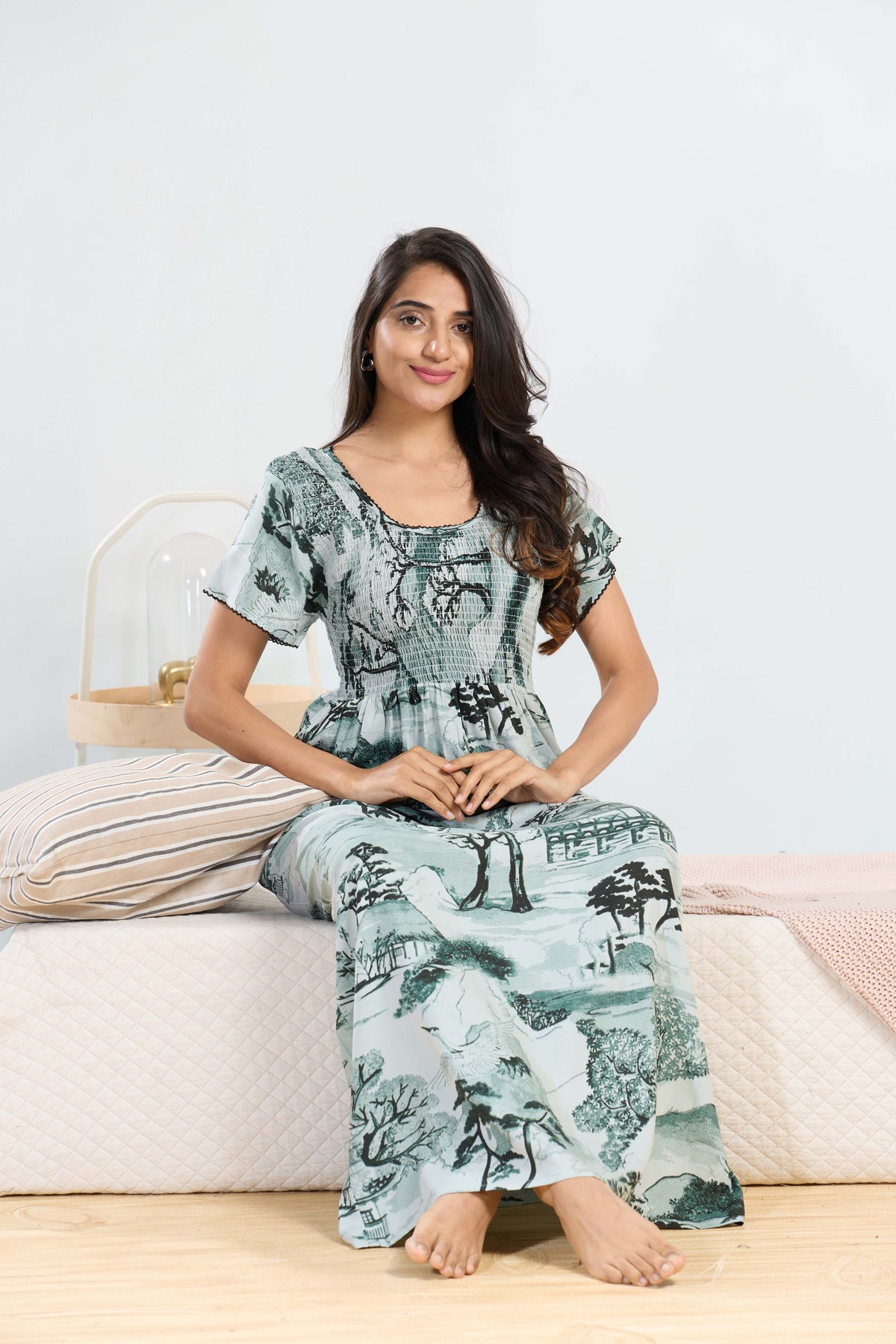 MANGAI RAYON Smocking Nighty | Beautiful Pleated Design | Side Pocket | Stylish Nighty for Trendy Women's | Your Perfect Nightwear Collection's (SRN)