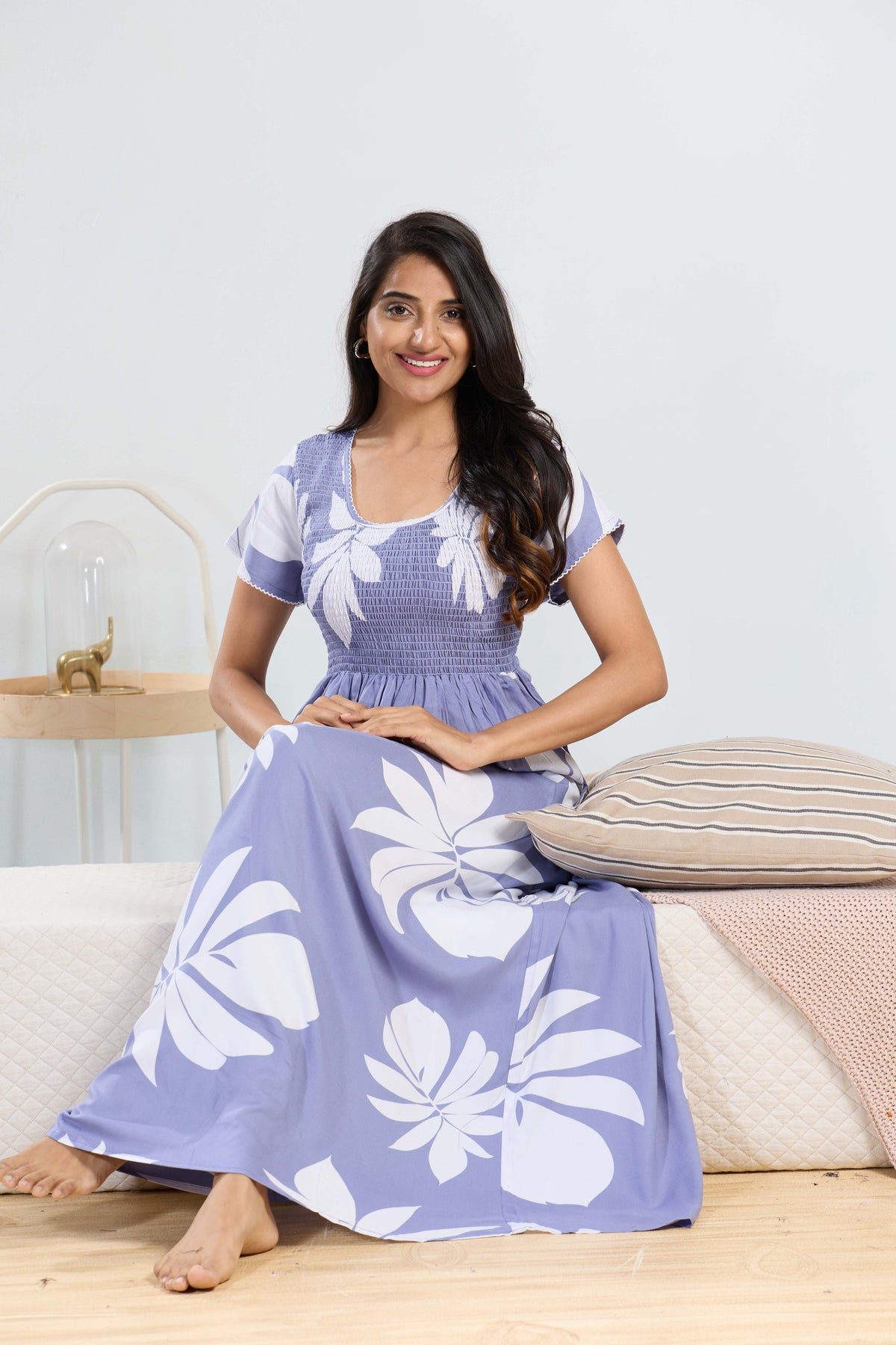 MANGAI RAYON Smocking Nighty | Beautiful Pleated Design | Side Pocket | Stylish Nighty for Trendy Women's | Your Perfect Nightwear Collection's (SRN)