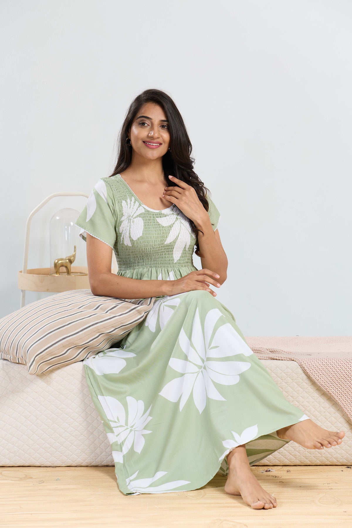 MANGAI RAYON Smocking Nighty | Beautiful Pleated Design | Side Pocket | Stylish Nighty for Trendy Women's | Your Perfect Nightwear Collection's (SRN)