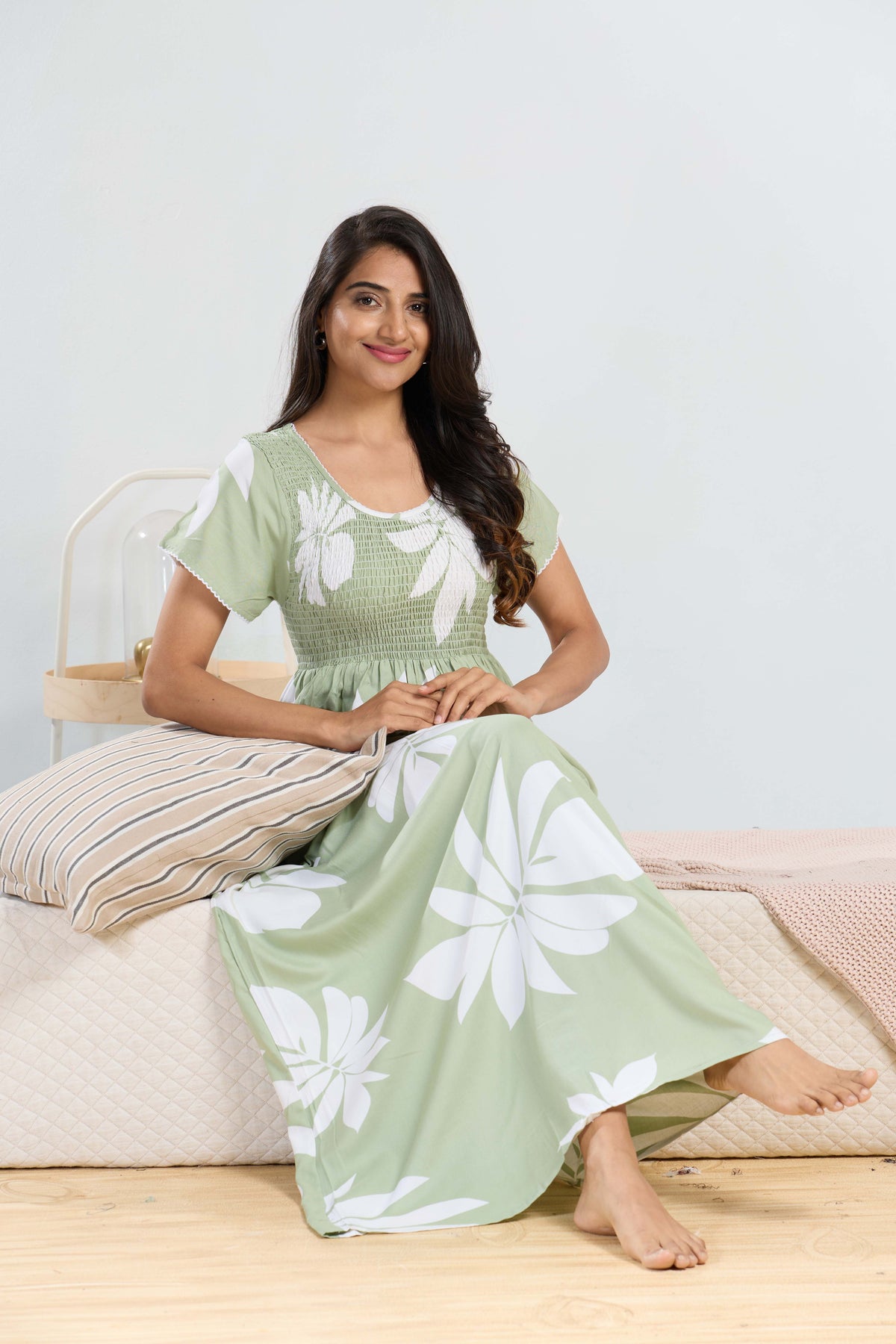 MANGAI RAYON Smocking Nighty | Beautiful Pleated Design | Side Pocket | Stylish Nighty for Trendy Women's | Your Perfect Nightwear Collection's (SRN)