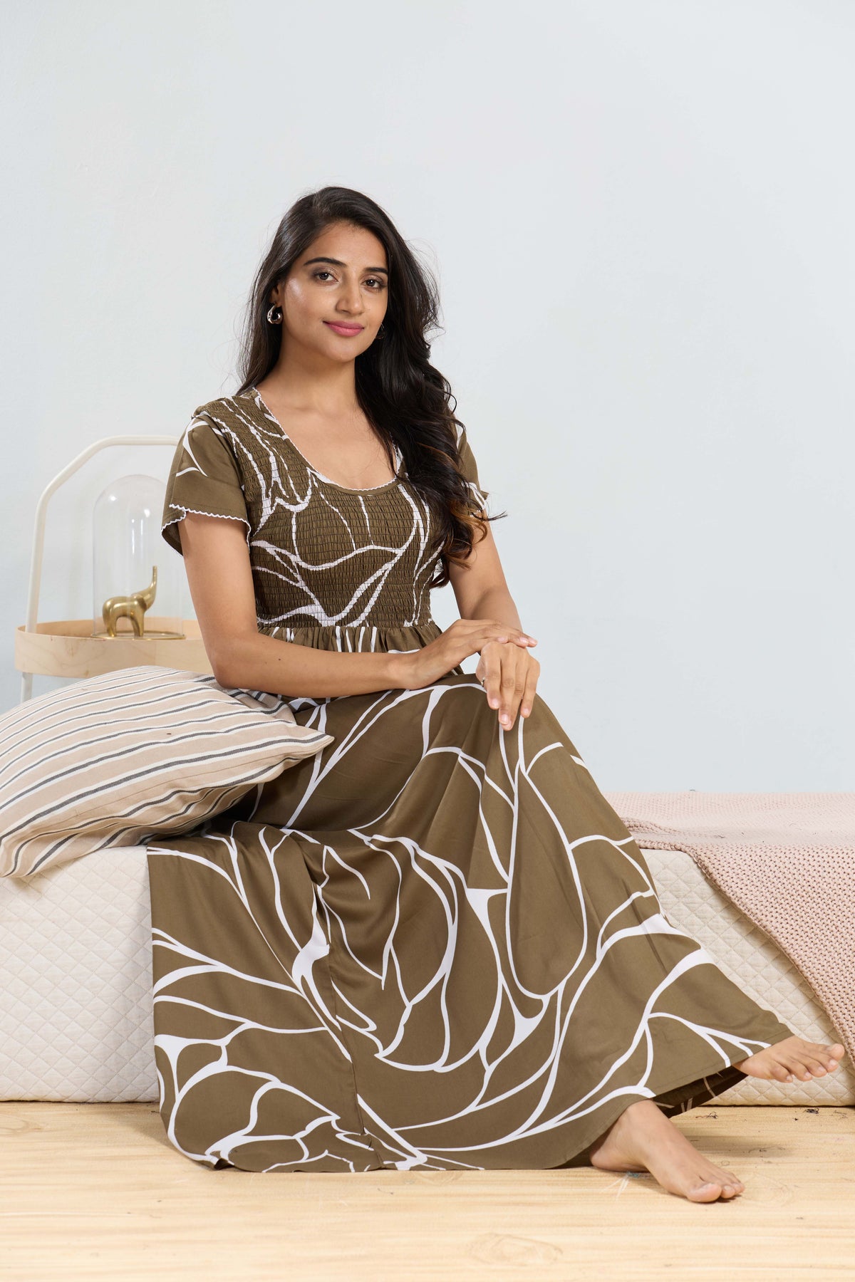 MANGAI RAYON Smocking Nighty | Beautiful Pleated Design | Side Pocket | Stylish Nighty for Trendy Women's | Your Perfect Nightwear Collection's (SRN)