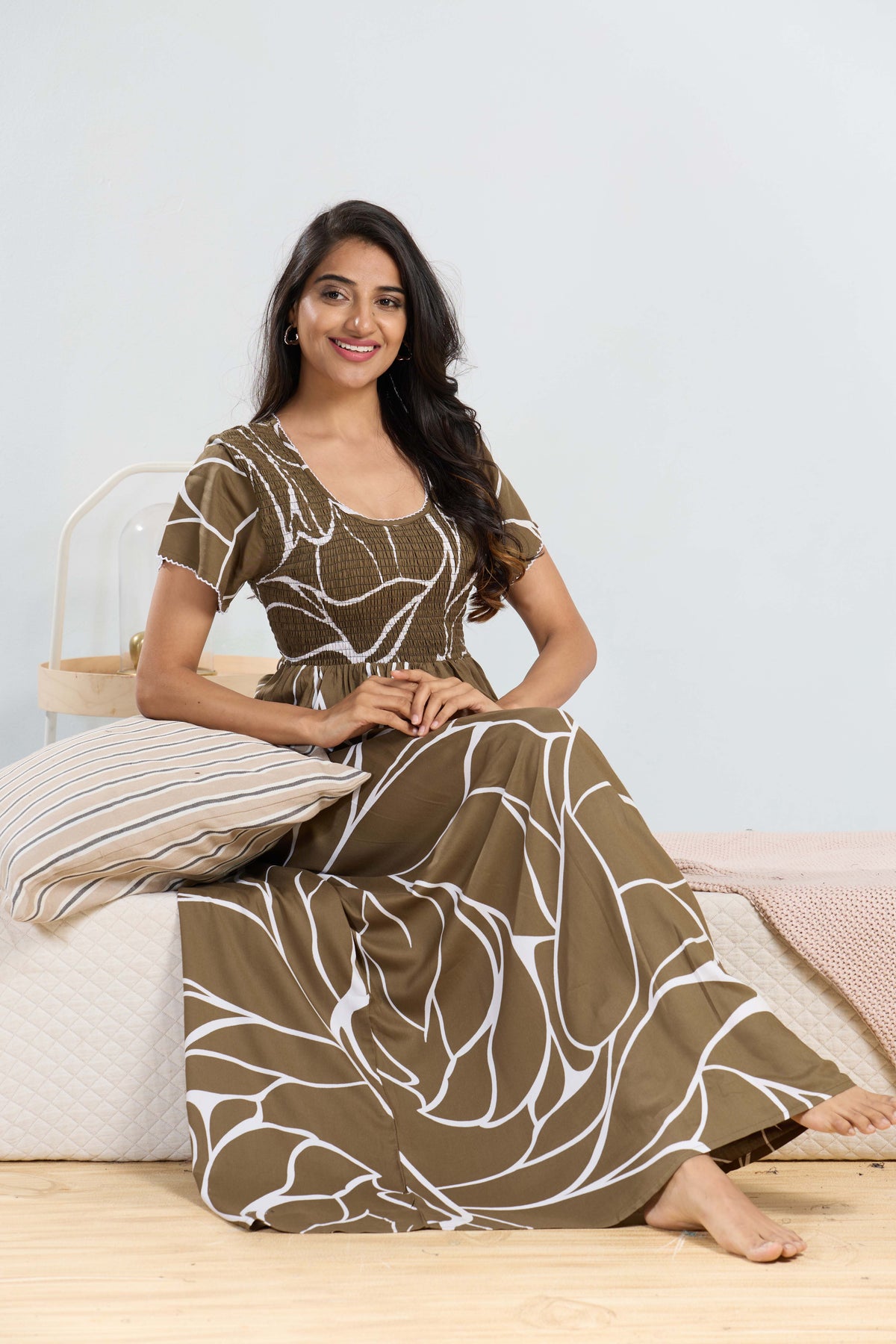 MANGAI RAYON Smocking Nighty | Beautiful Pleated Design | Side Pocket | Stylish Nighty for Trendy Women's | Your Perfect Nightwear Collection's (SRN)