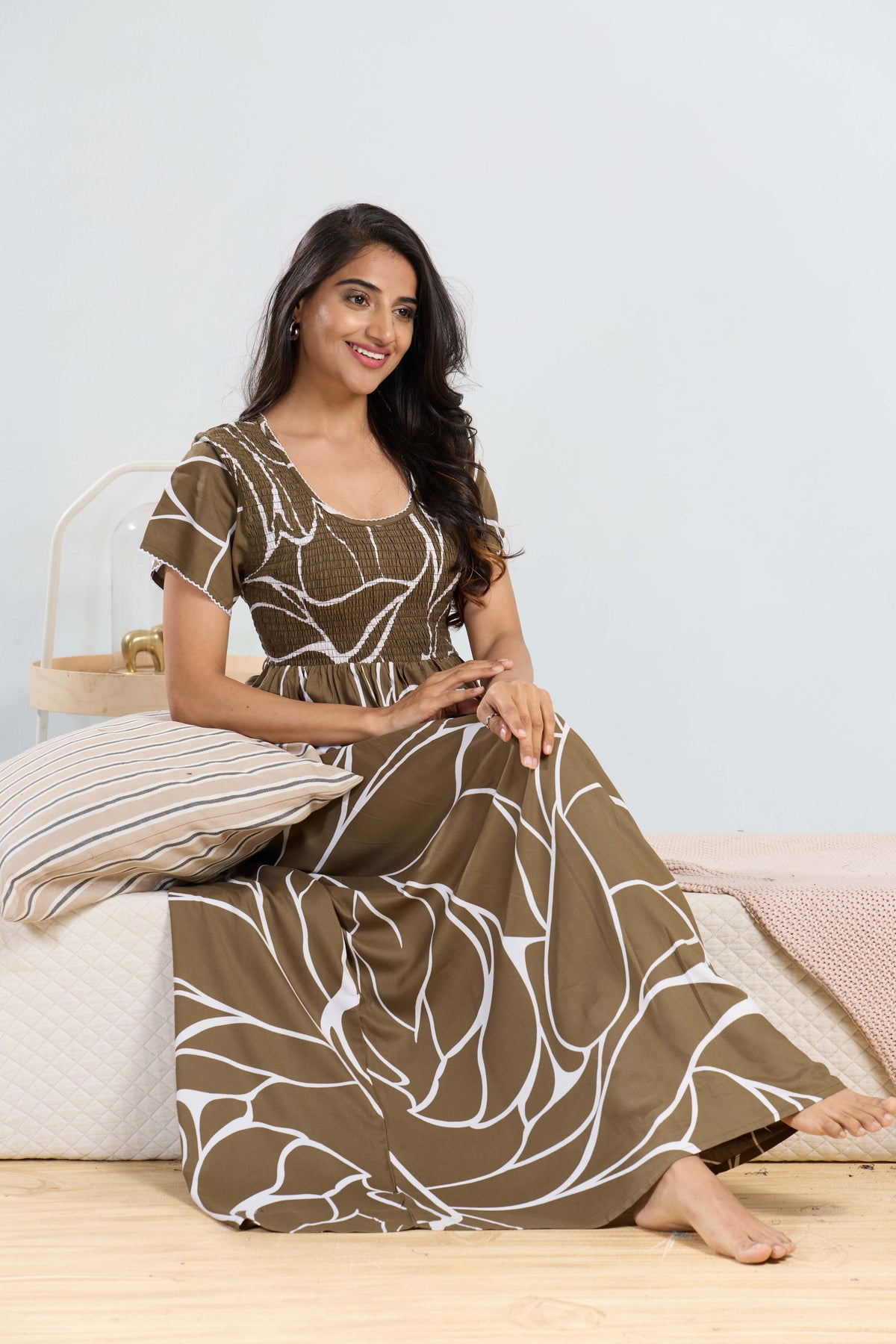 MANGAI RAYON Smocking Nighty | Beautiful Pleated Design | Side Pocket | Stylish Nighty for Trendy Women's | Your Perfect Nightwear Collection's (SRN)