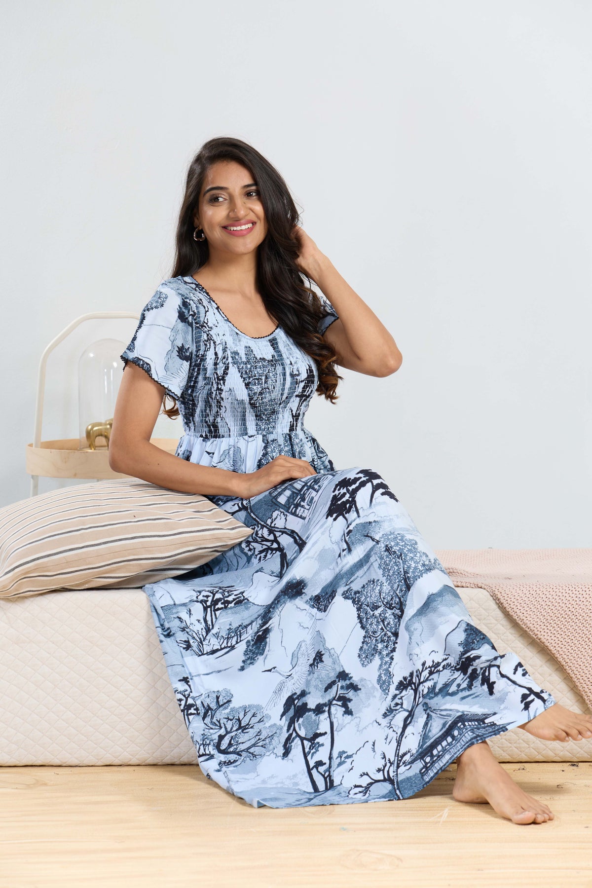 MANGAI RAYON Smocking Nighty | Beautiful Pleated Design | Side Pocket | Stylish Nighty for Trendy Women's | Your Perfect Nightwear Collection's (SRN)