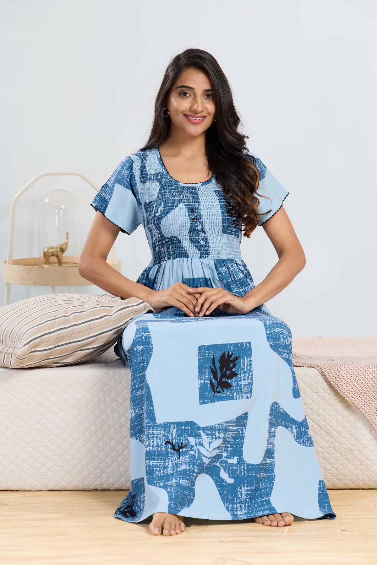 MANGAI RAYON Smocking Nighty | Beautiful Pleated Design | Side Pocket | Stylish Nighty for Trendy Women's | Your Perfect Nightwear Collection's (SRN)