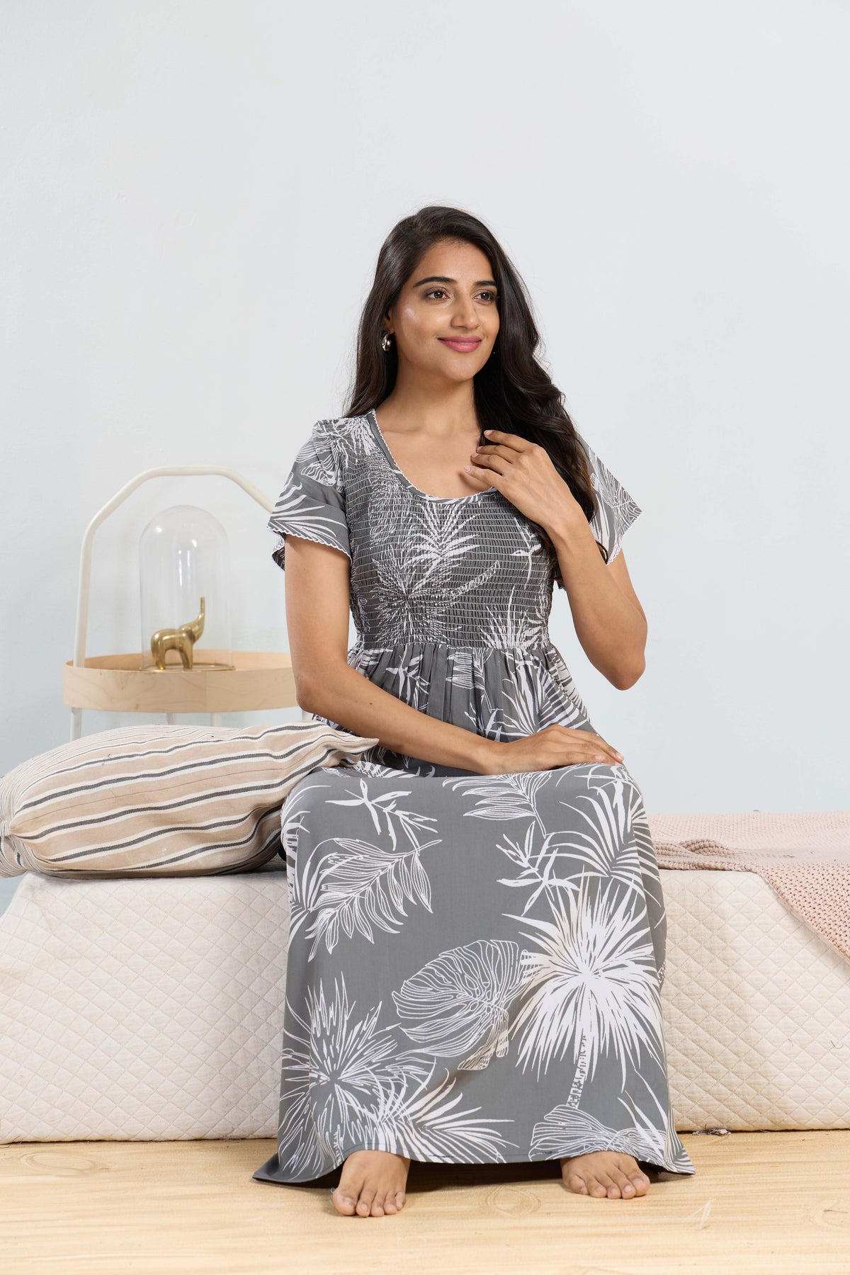 MANGAI RAYON Smocking Nighty | Beautiful Pleated Design | Side Pocket | Stylish Nighty for Trendy Women's | Your Perfect Nightwear Collection's (SRN)