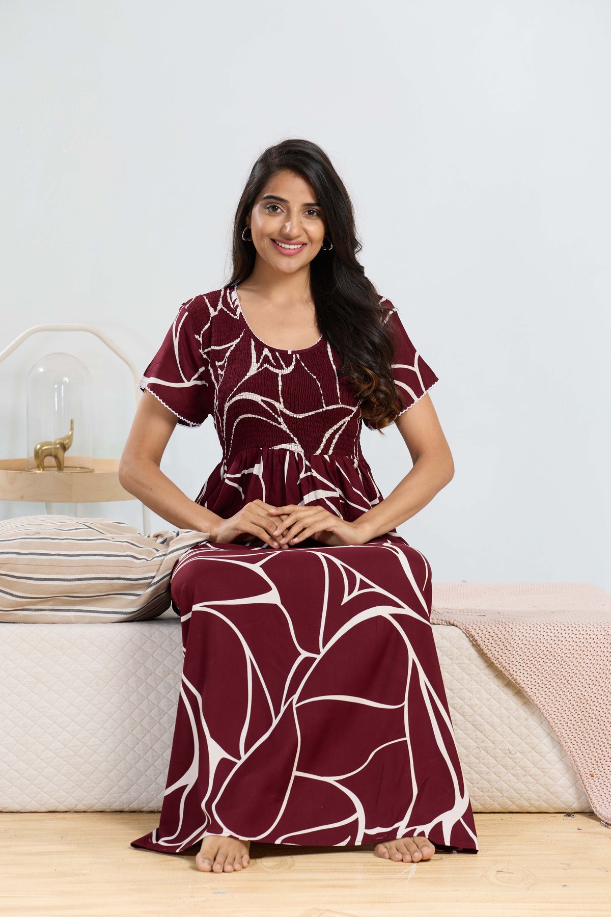 MANGAI RAYON Smocking Nighty | Beautiful Pleated Design | Side Pocket | Stylish Nighty for Trendy Women's | Your Perfect Nightwear Collection's (SRN)