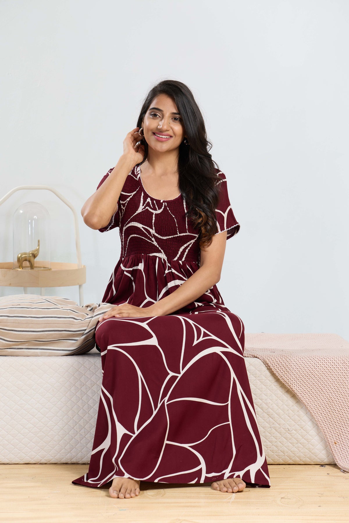 MANGAI RAYON Smocking Nighty | Beautiful Pleated Design | Side Pocket | Stylish Nighty for Trendy Women's | Your Perfect Nightwear Collection's (SRN)