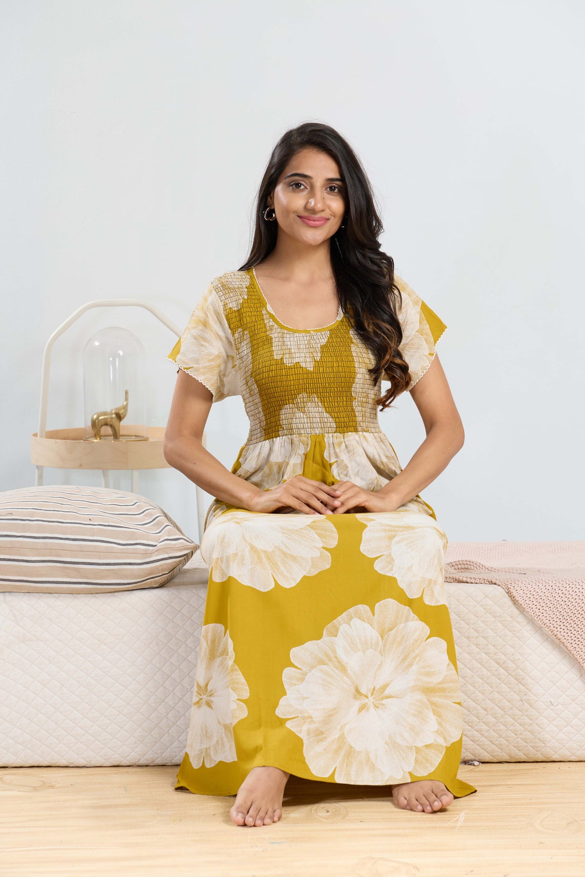 MANGAI RAYON Smocking Nighty | Beautiful Pleated Design | Side Pocket | Stylish Nighty for Trendy Women's | Your Perfect Nightwear Collection's (SRN)