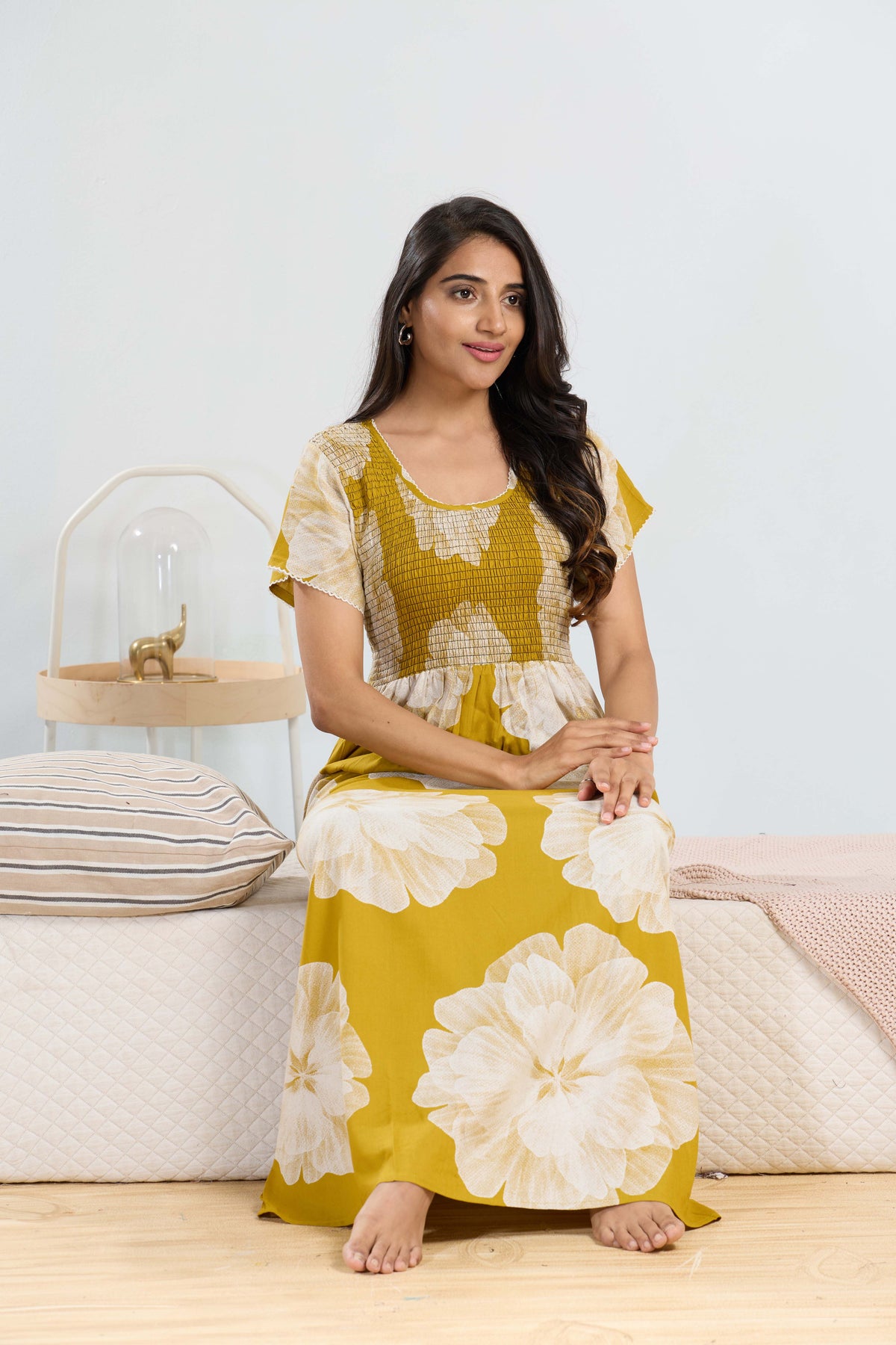 MANGAI RAYON Smocking Nighty | Beautiful Pleated Design | Side Pocket | Stylish Nighty for Trendy Women's | Your Perfect Nightwear Collection's (SRN)