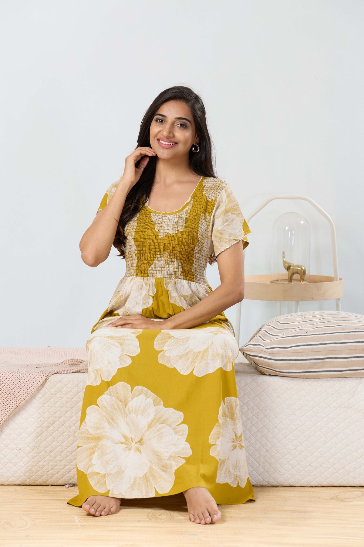 MANGAI RAYON Smocking Nighty | Beautiful Pleated Design | Side Pocket | Stylish Nighty for Trendy Women's | Your Perfect Nightwear Collection's (SRN)