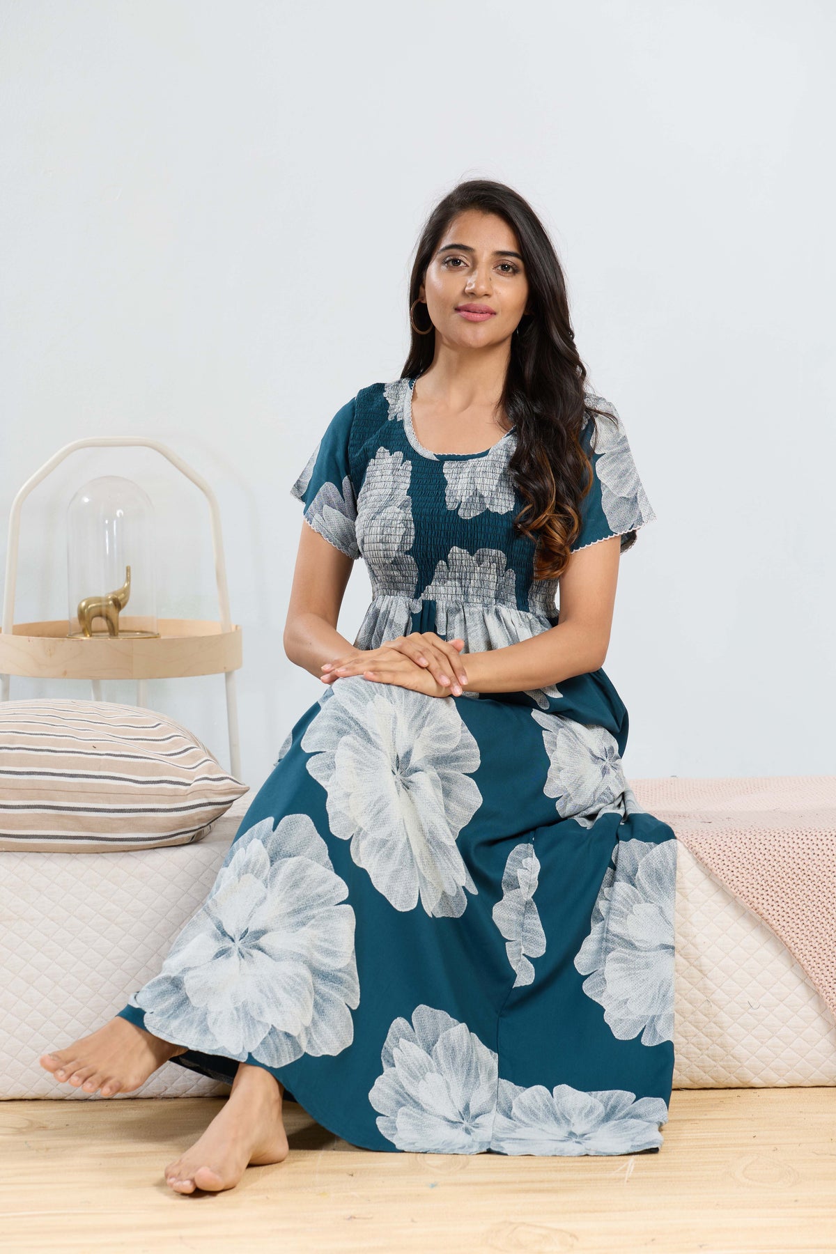 MANGAI RAYON Smocking Nighty | Beautiful Pleated Design | Side Pocket | Stylish Nighty for Trendy Women's | Your Perfect Nightwear Collection's (SRN)