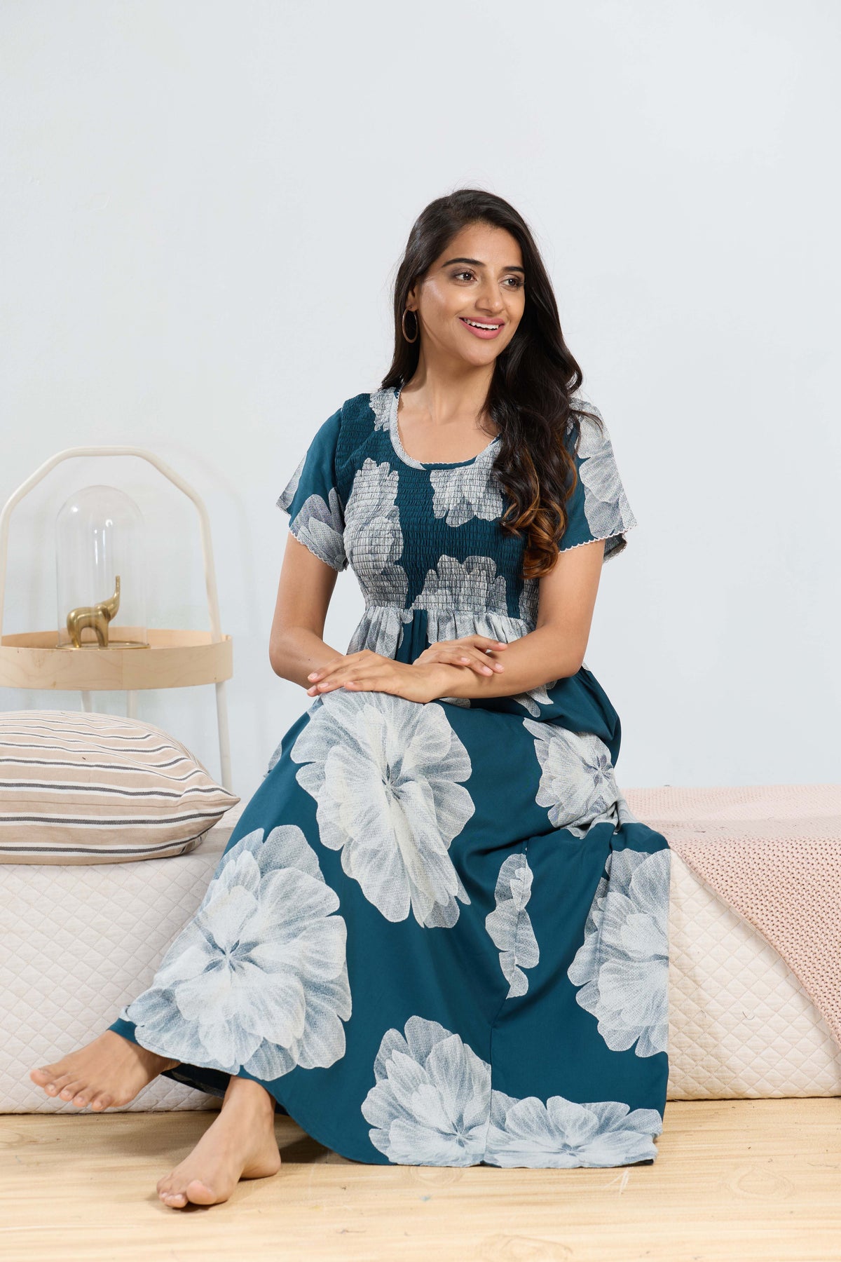 MANGAI RAYON Smocking Nighty | Beautiful Pleated Design | Side Pocket | Stylish Nighty for Trendy Women's | Your Perfect Nightwear Collection's (SRN)