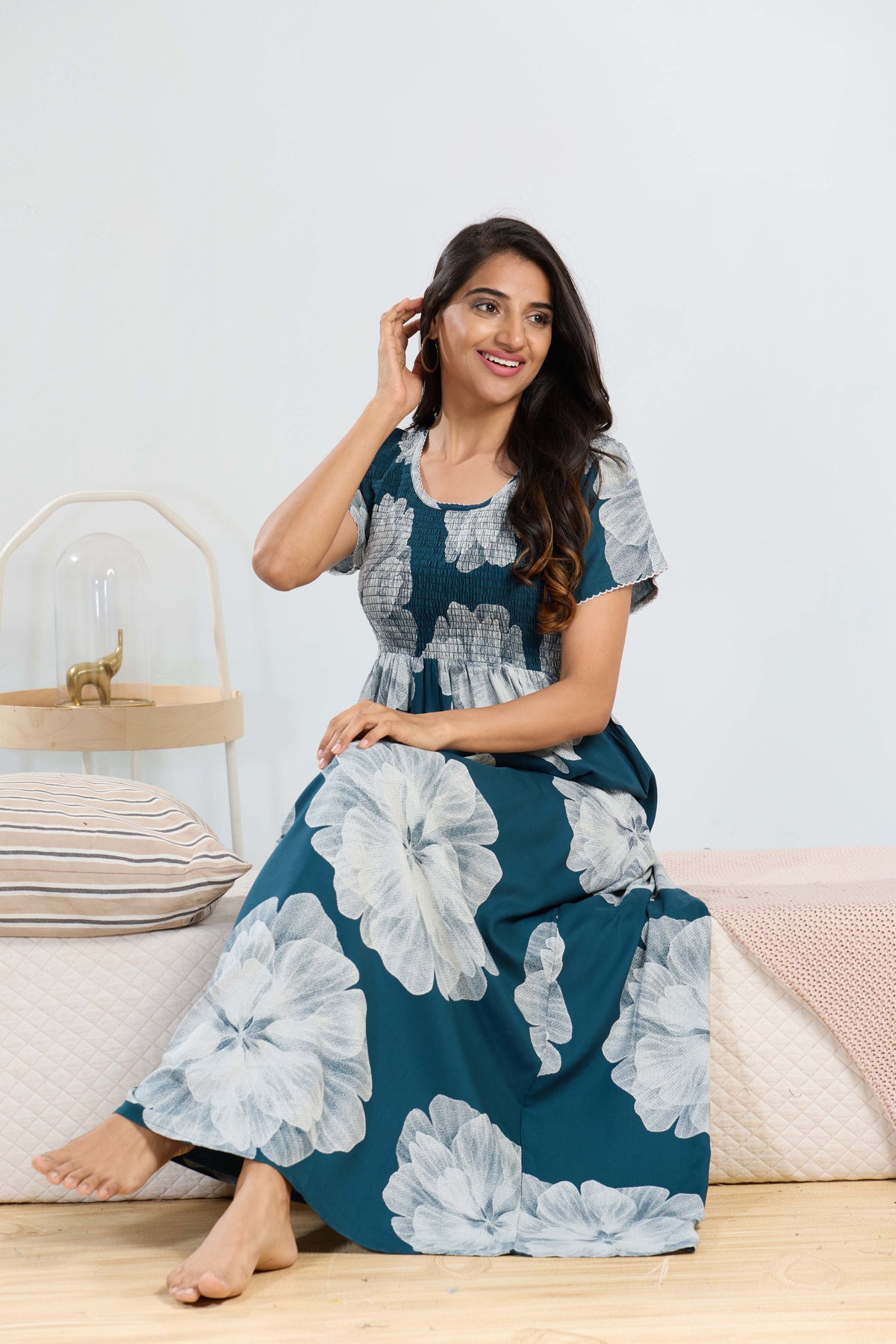 MANGAI RAYON Smocking Nighty | Beautiful Pleated Design | Side Pocket | Stylish Nighty for Trendy Women's | Your Perfect Nightwear Collection's (SRN)