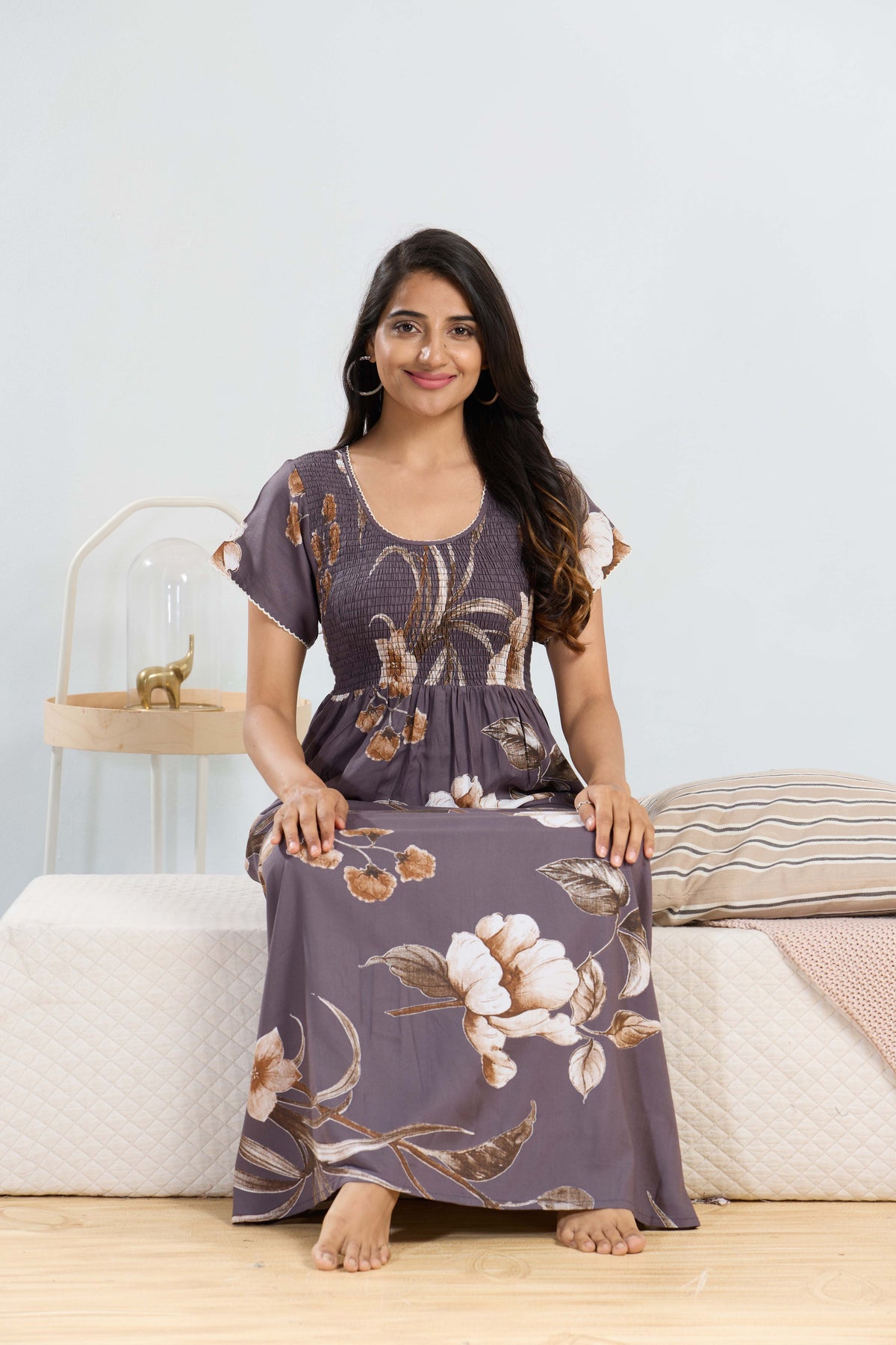 MANGAI RAYON Smocking Nighty | Beautiful Pleated Design | Side Pocket | Stylish Nighty for Trendy Women's | Your Perfect Nightwear Collection's (SRN)