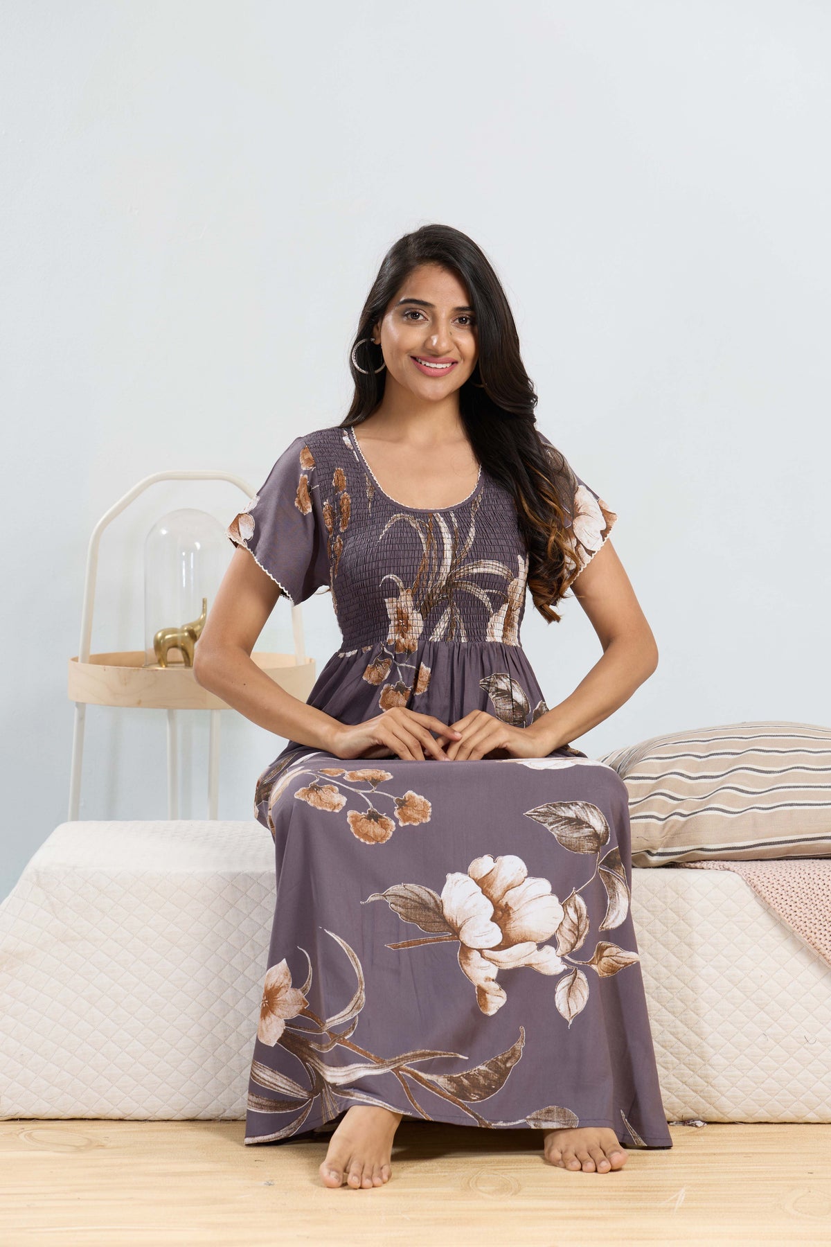 MANGAI RAYON Smocking Nighty | Beautiful Pleated Design | Side Pocket | Stylish Nighty for Trendy Women's | Your Perfect Nightwear Collection's (SRN)