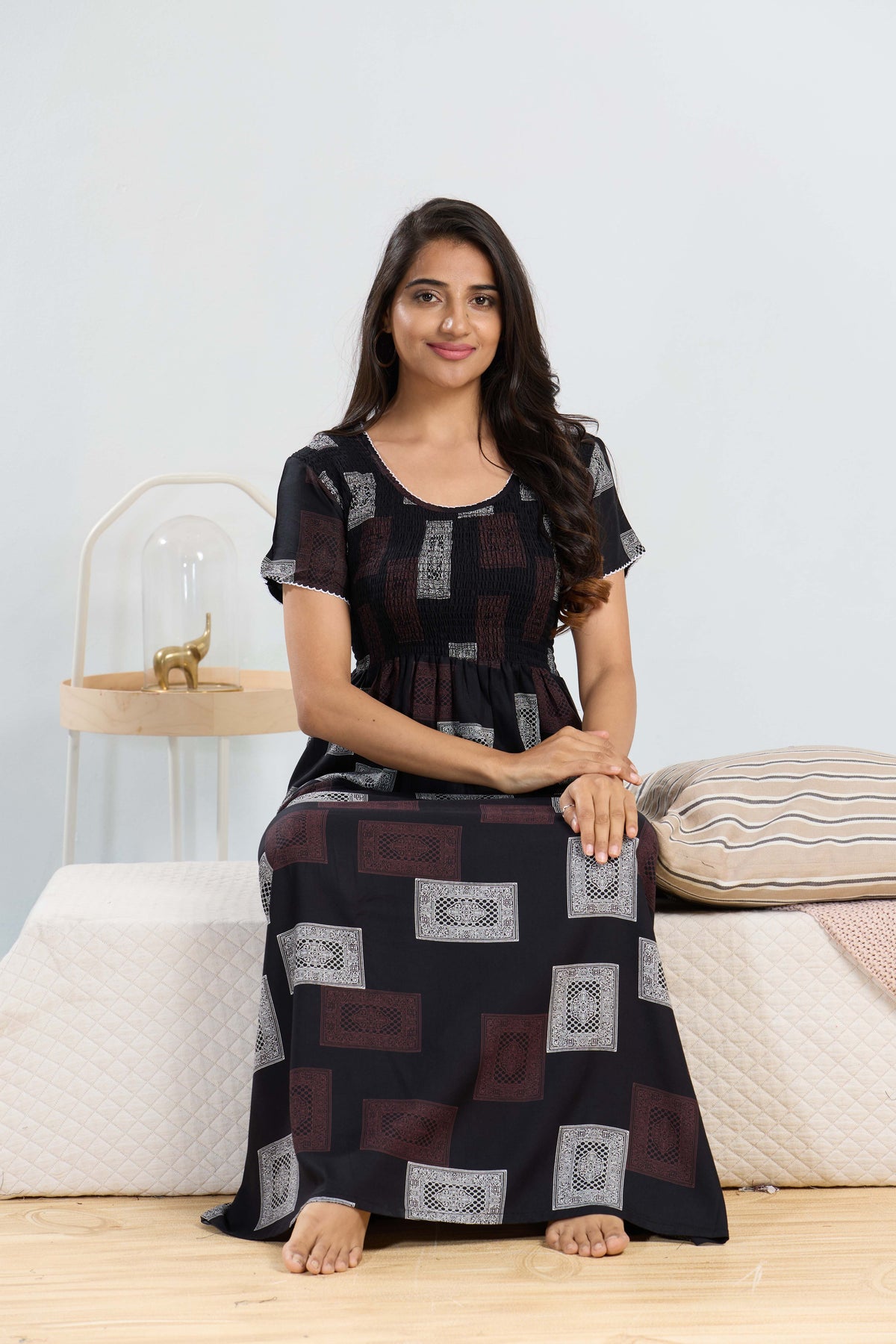 MANGAI RAYON Smocking Nighty | Beautiful Pleated Design | Side Pocket | Stylish Nighty for Trendy Women's | Your Perfect Nightwear Collection's (SRN)