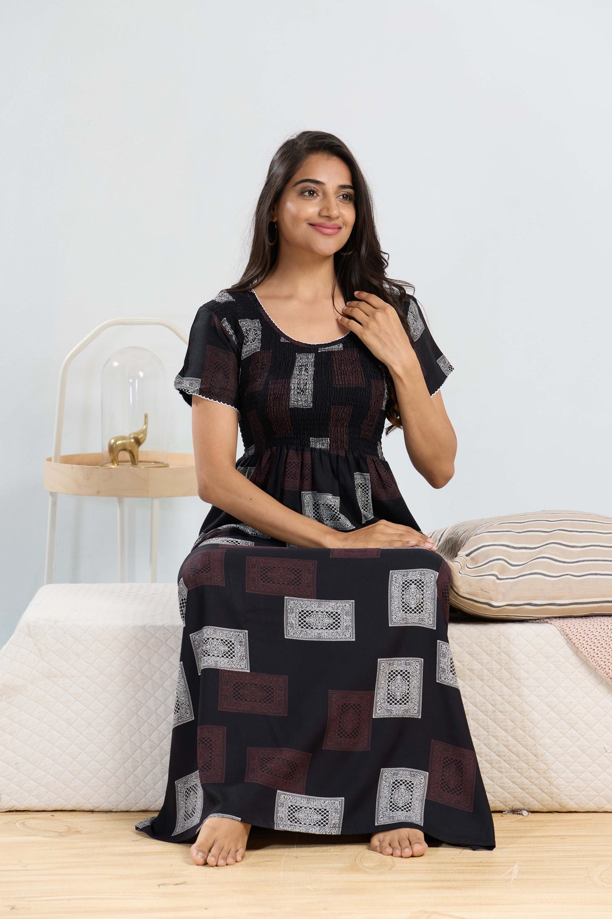 MANGAI RAYON Smocking Nighty | Beautiful Pleated Design | Side Pocket | Stylish Nighty for Trendy Women's | Your Perfect Nightwear Collection's (SRN)