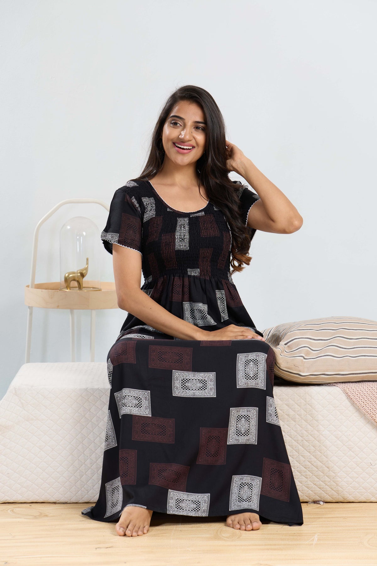 MANGAI RAYON Smocking Nighty | Beautiful Pleated Design | Side Pocket | Stylish Nighty for Trendy Women's | Your Perfect Nightwear Collection's (SRN)