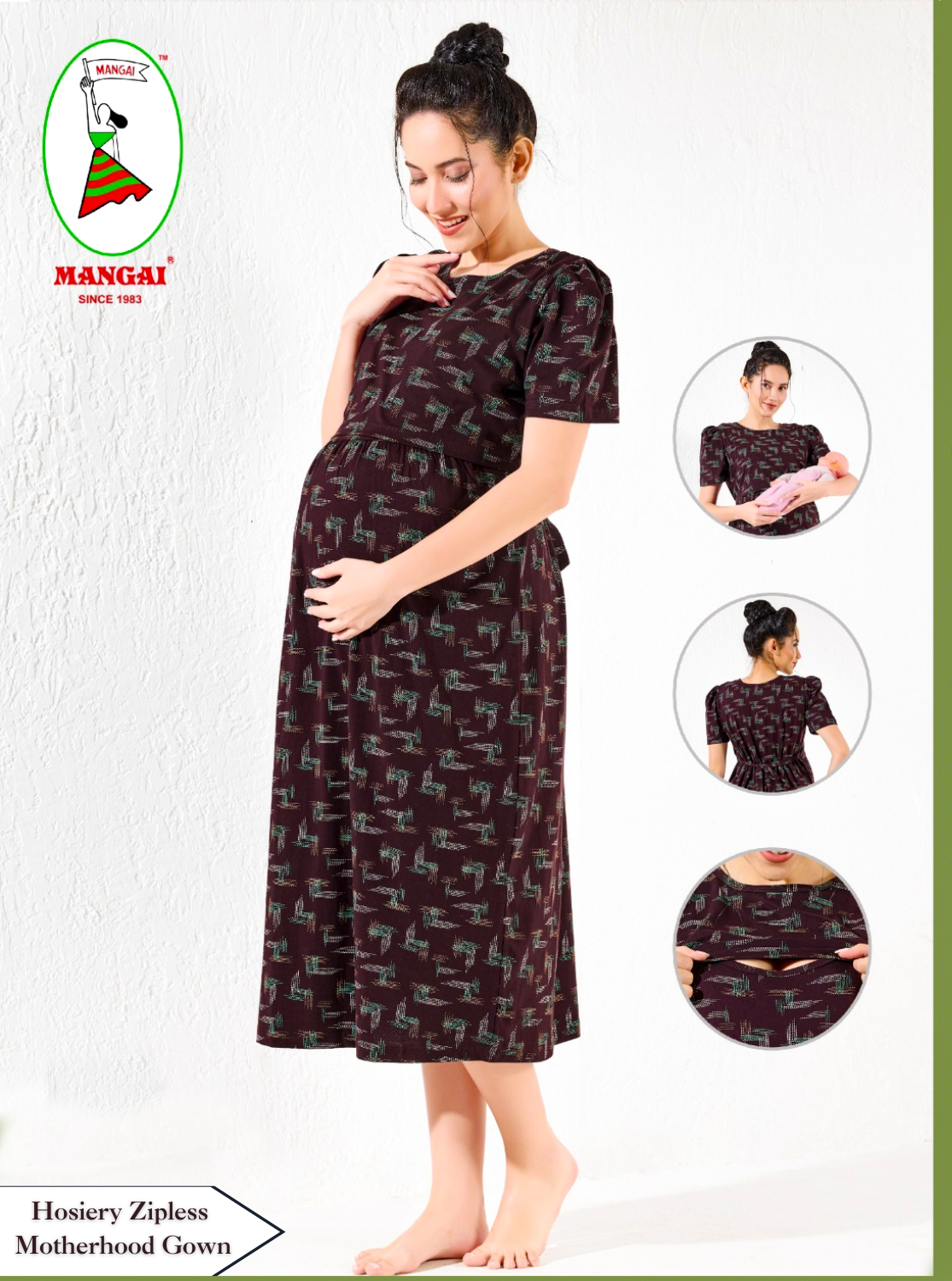 MANGAI HOSIERY Cotton Zipless Feeding Wear | Fancy Sleeve with Round Neck | Flap Open Zipless Feeding wear for Pregnancy Women (MMG)