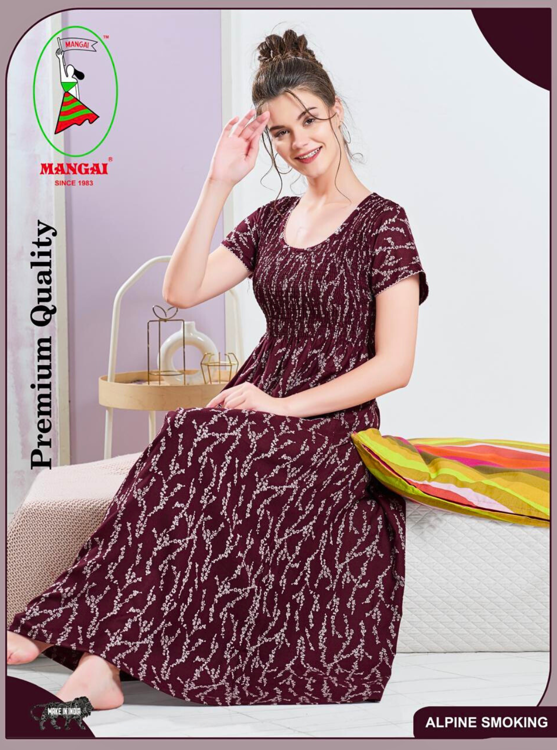 ALPINE Smocking Nighty | Beautiful Pleated Design | Side Pocket | Stylish Nighty for Trendy Women's | Your Perfect Nightwear Collection's (SAP)