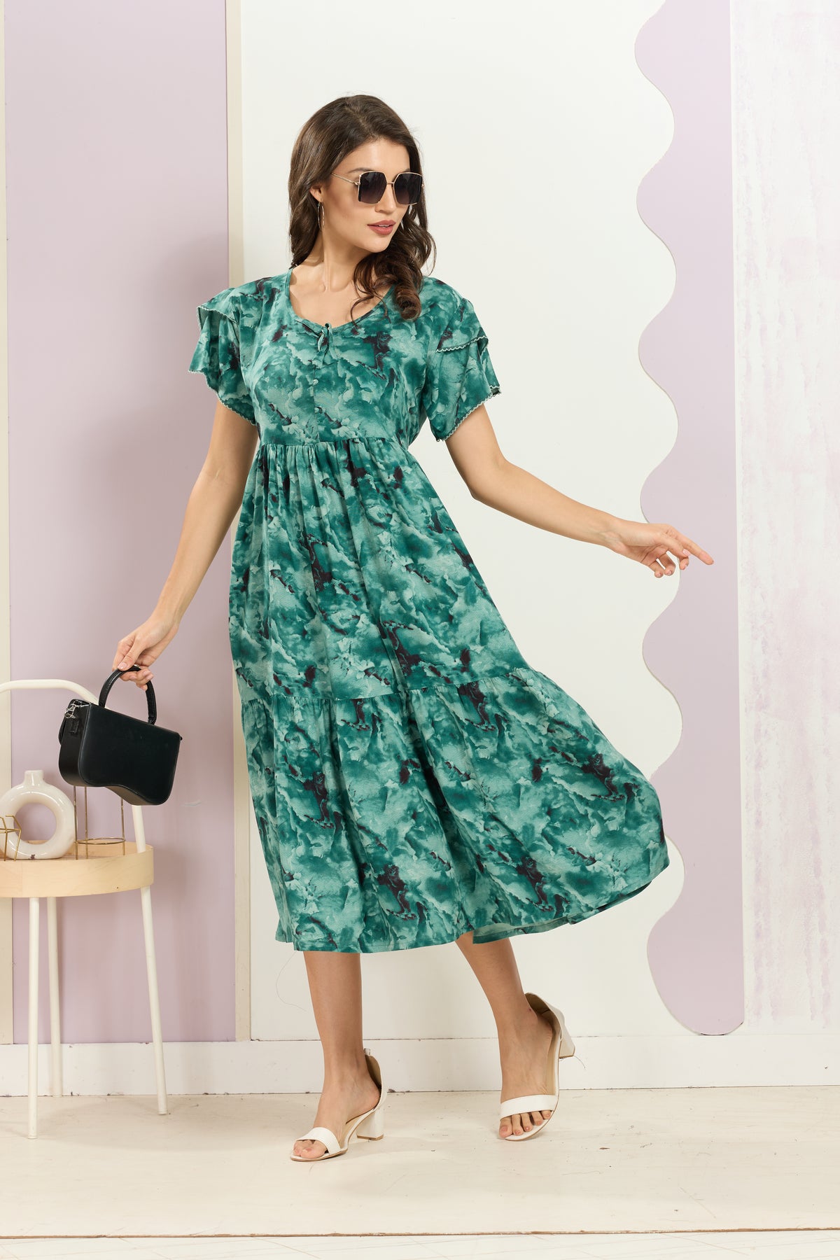 Rayon MAXI FROCK Model Nighties | Fancy Petal Sleeve | Fancy Neck & Side Pocket | Pleated Frock MAXI Style | Trendy Collection's for Stylish Women & Teenage Girl (FSF)