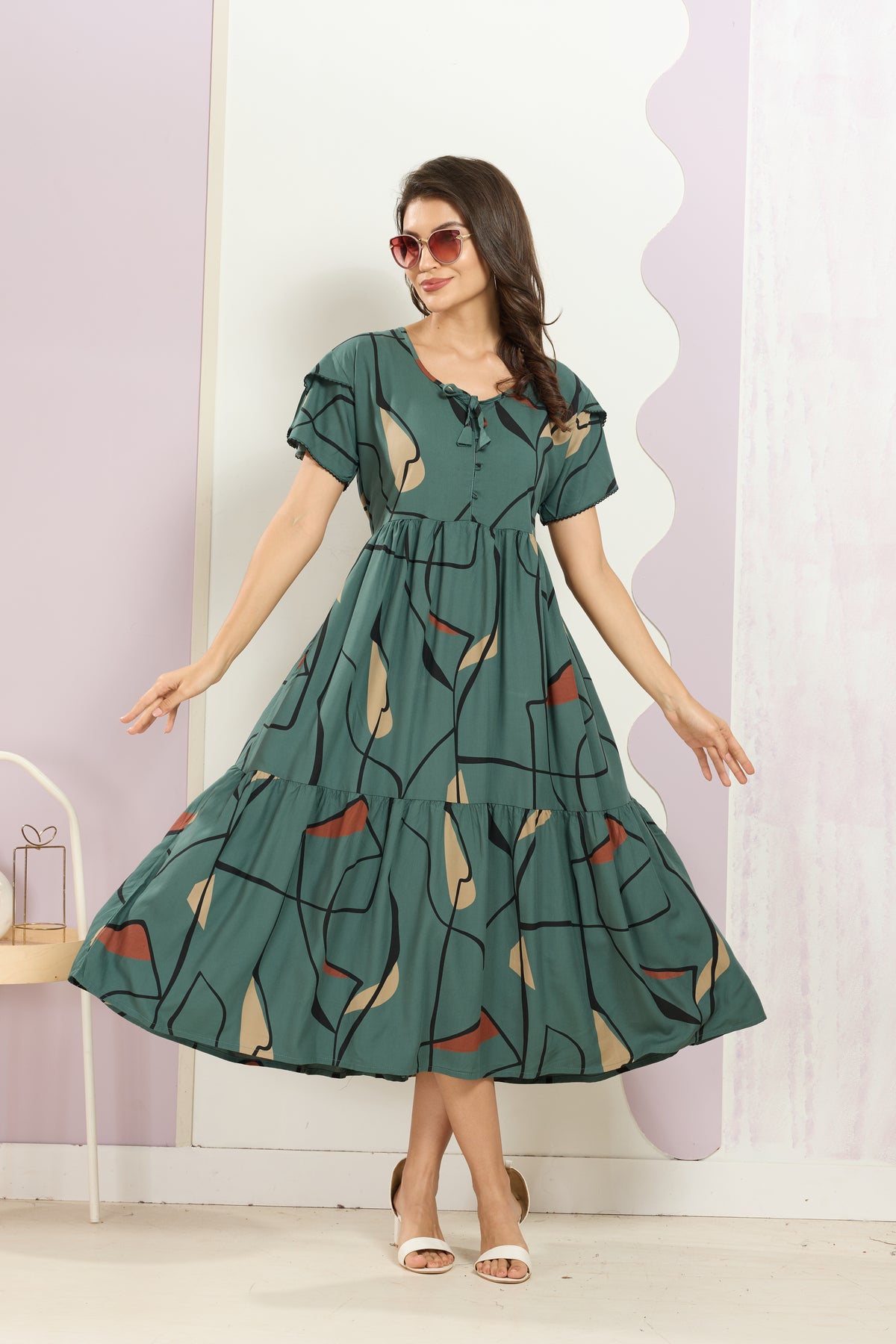Rayon MAXI FROCK Model Nighties | Fancy Petal Sleeve | Fancy Neck & Side Pocket | Pleated Frock MAXI Style | Trendy Collection's for Stylish Women & Teenage Girl (FSF)