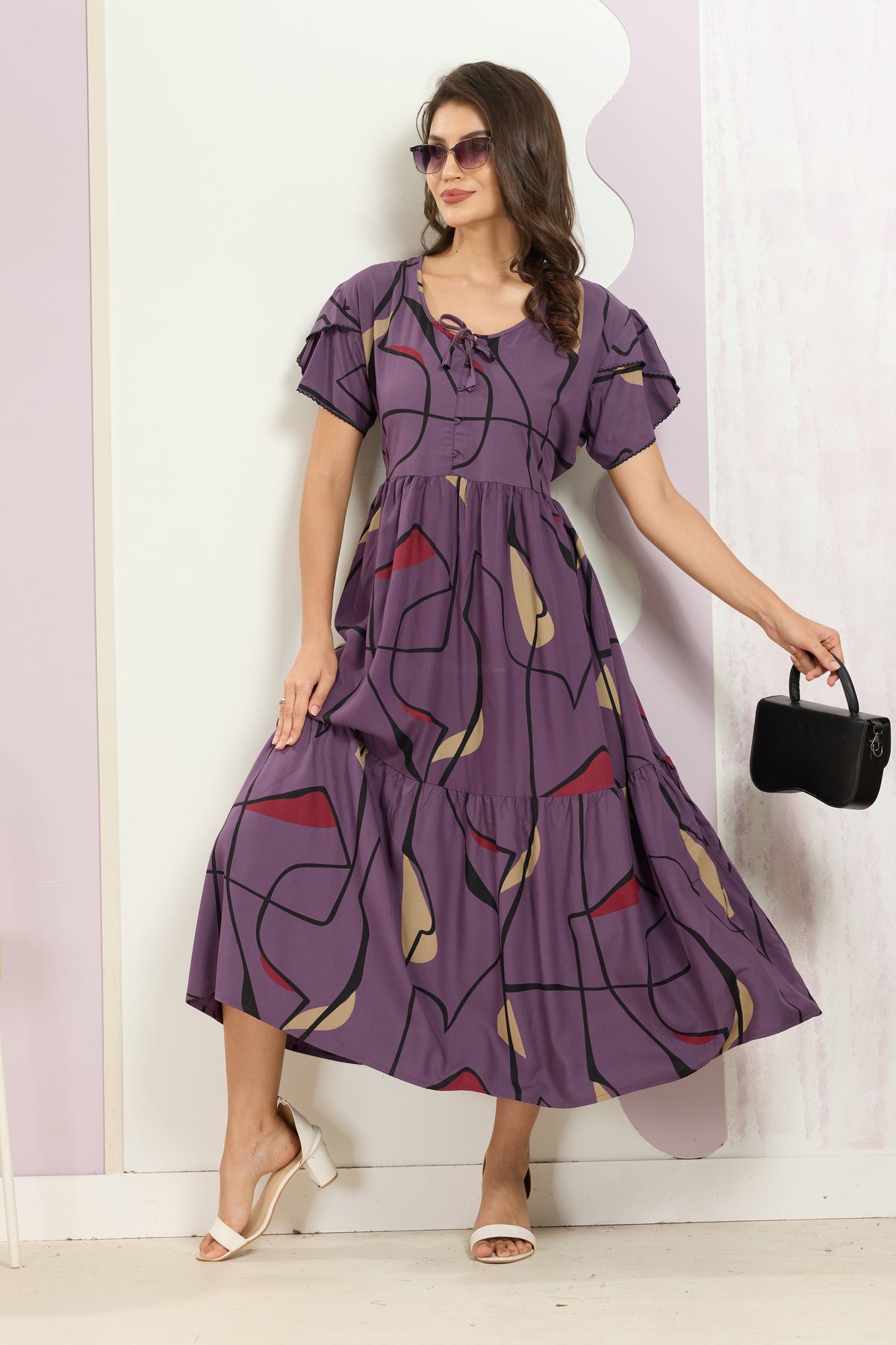 Rayon MAXI FROCK Model Nighties | Fancy Petal Sleeve | Fancy Neck & Side Pocket | Pleated Frock MAXI Style | Trendy Collection's for Stylish Women & Teenage Girl (FSF)
