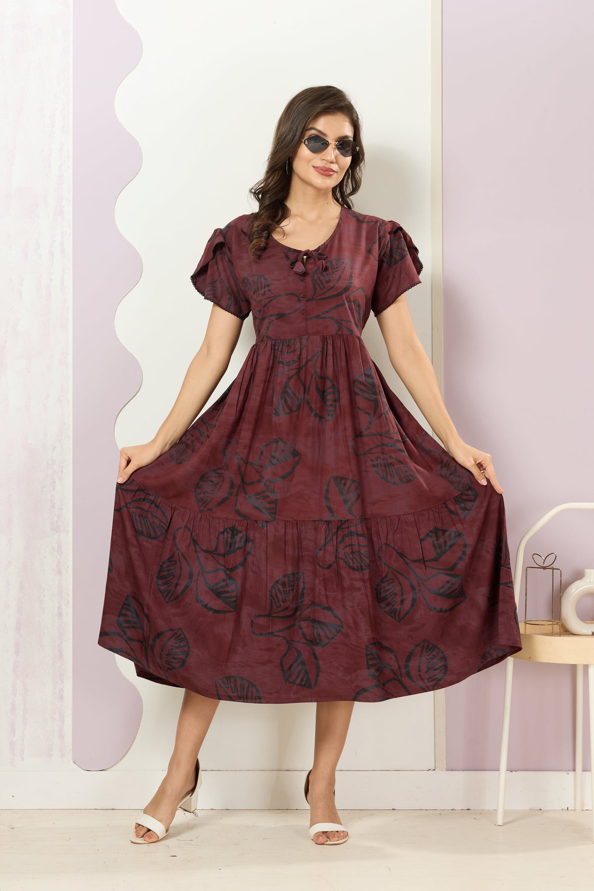 Rayon MAXI FROCK Model Nighties | Fancy Petal Sleeve | Fancy Neck & Side Pocket | Pleated Frock MAXI Style | Trendy Collection's for Stylish Women & Teenage Girl (FSF)