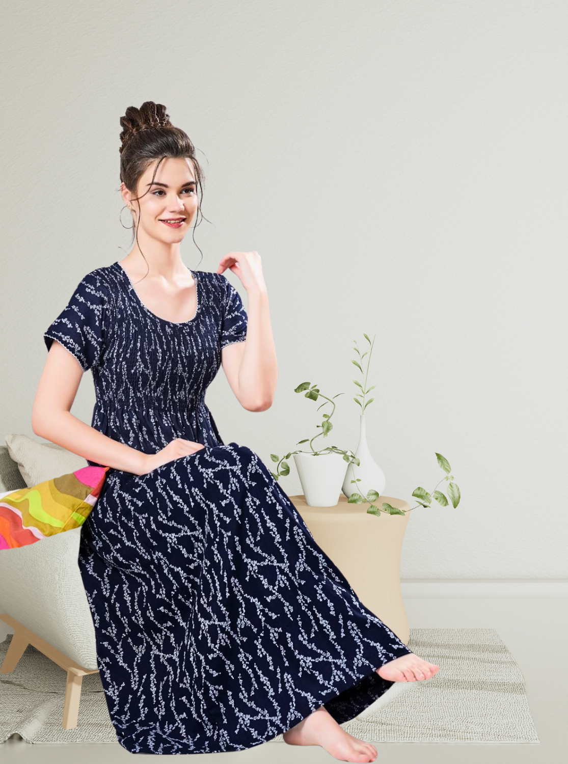 ALPINE Smocking Nighty | Beautiful Pleated Design | Side Pocket | Stylish Nighty for Trendy Women's | Your Perfect Nightwear Collection's (SAP)