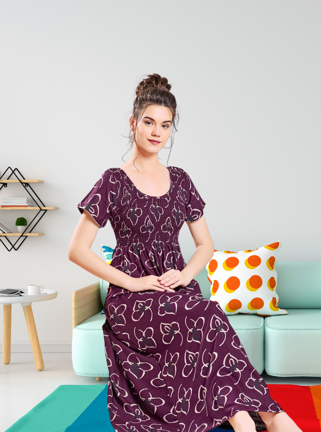 ALPINE Smocking Nighty | Beautiful Pleated Design | Side Pocket | Stylish Nighty for Trendy Women's | Your Perfect Nightwear Collection's (SAP)