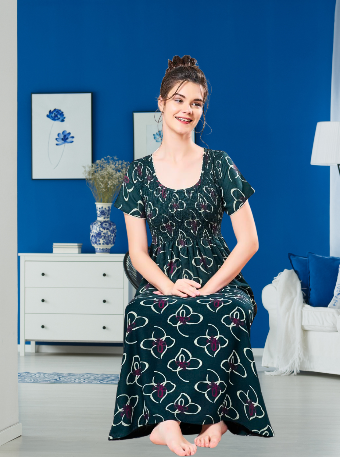 ALPINE Smocking Nighty | Beautiful Pleated Design | Side Pocket | Stylish Nighty for Trendy Women's | Your Perfect Nightwear Collection's (SAP)